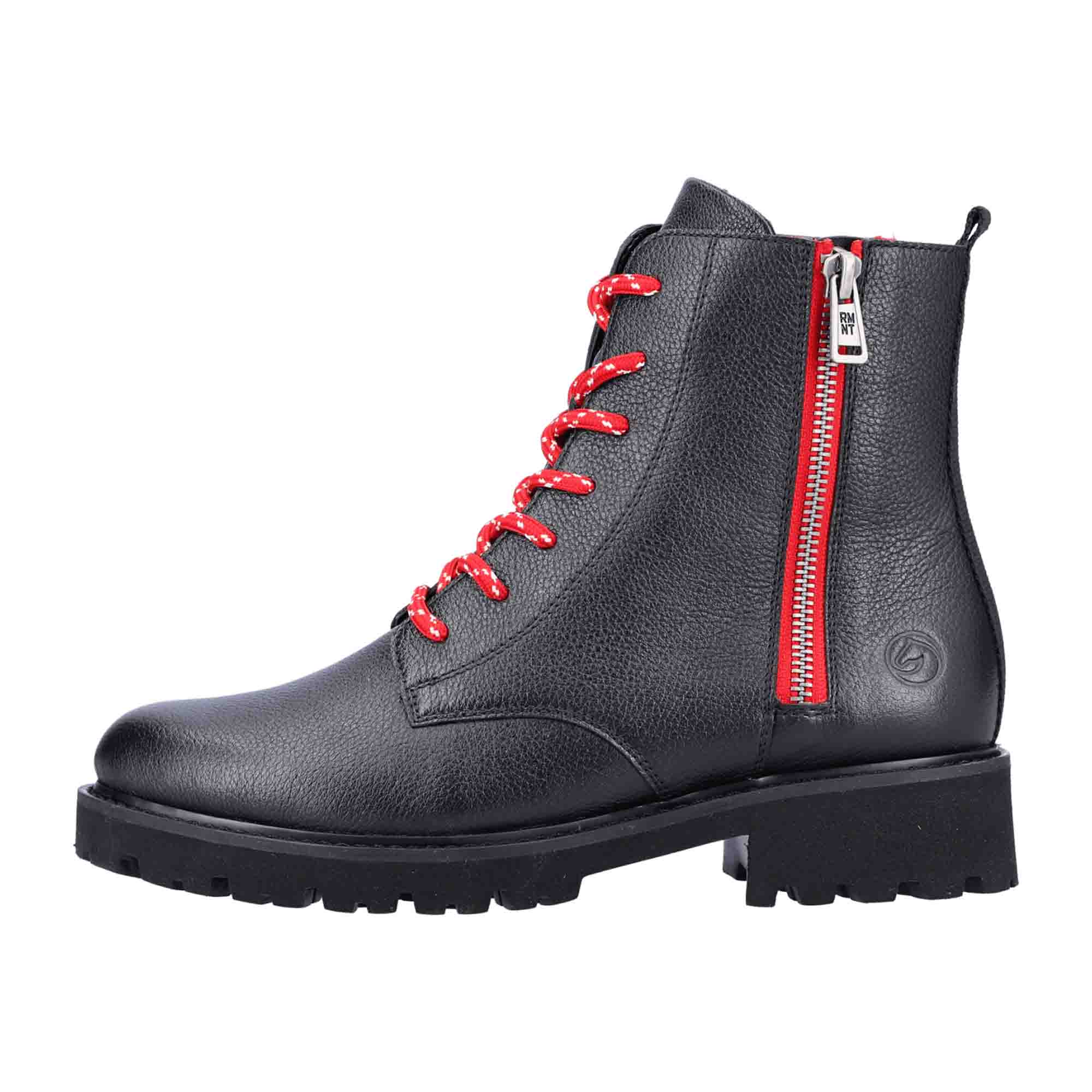 Remonte Women's Black Ankle Boots with Interchangeable Laces and Red Zipper