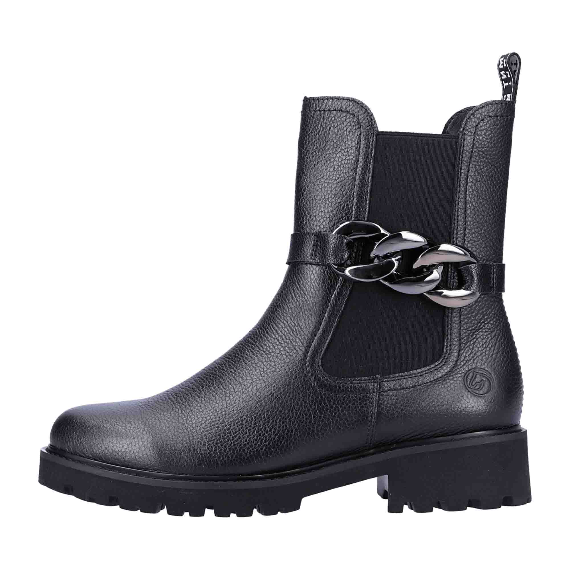 Remonte Women's Black Chelsea Boots with Removable Chain and Side Zipper