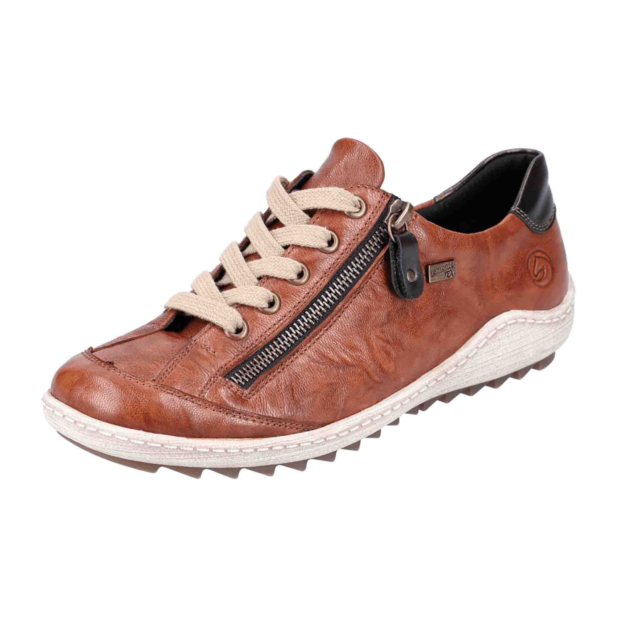 Remonte Women's Brown Leather Shoes with Zipper and Laces Water-Resistant