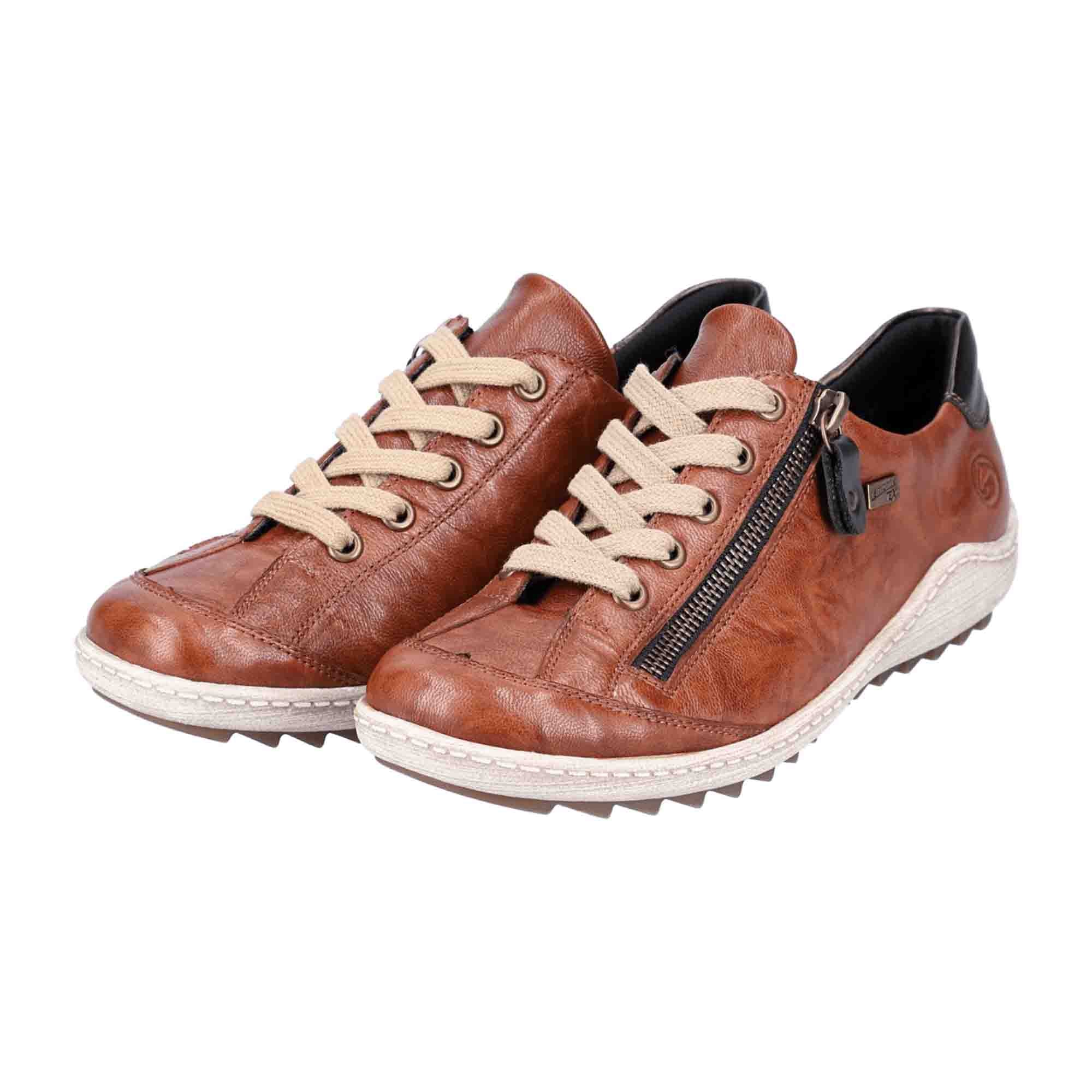 Remonte Women's Brown Leather Shoes with Zipper and Laces Water-Resistant