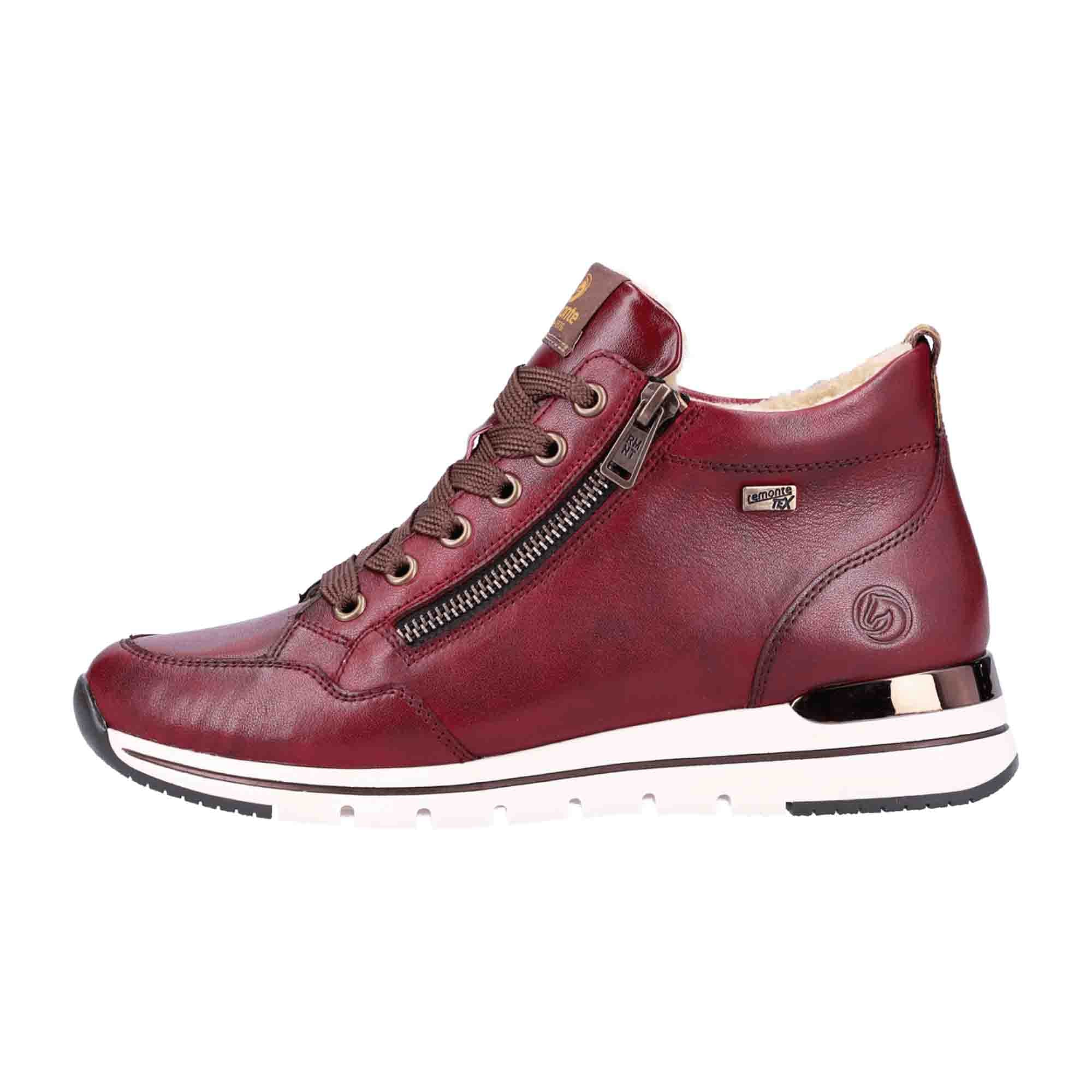 Remonte Women's Red High-Top Leather Ankle Boots with Side Zipper and Warm Lining