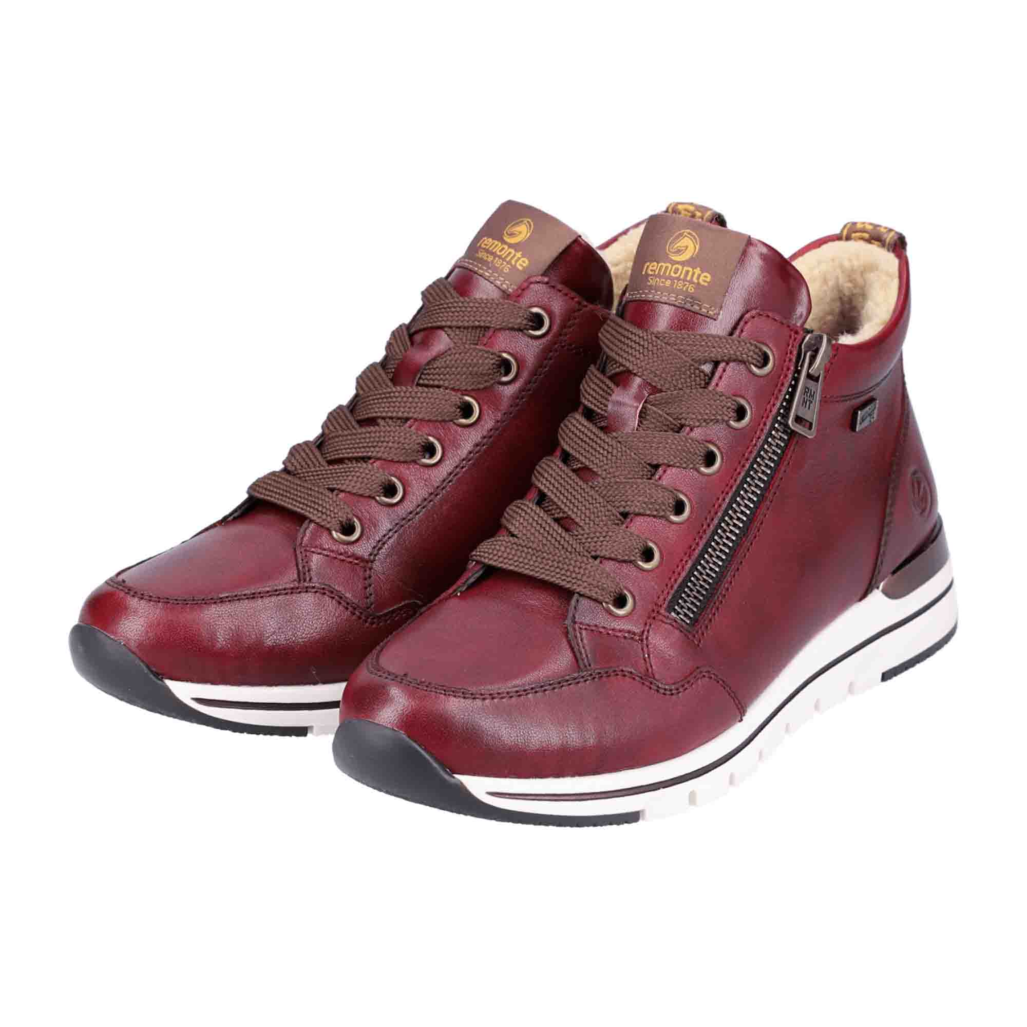 Remonte Women's Red High-Top Leather Ankle Boots with Side Zipper and Warm Lining