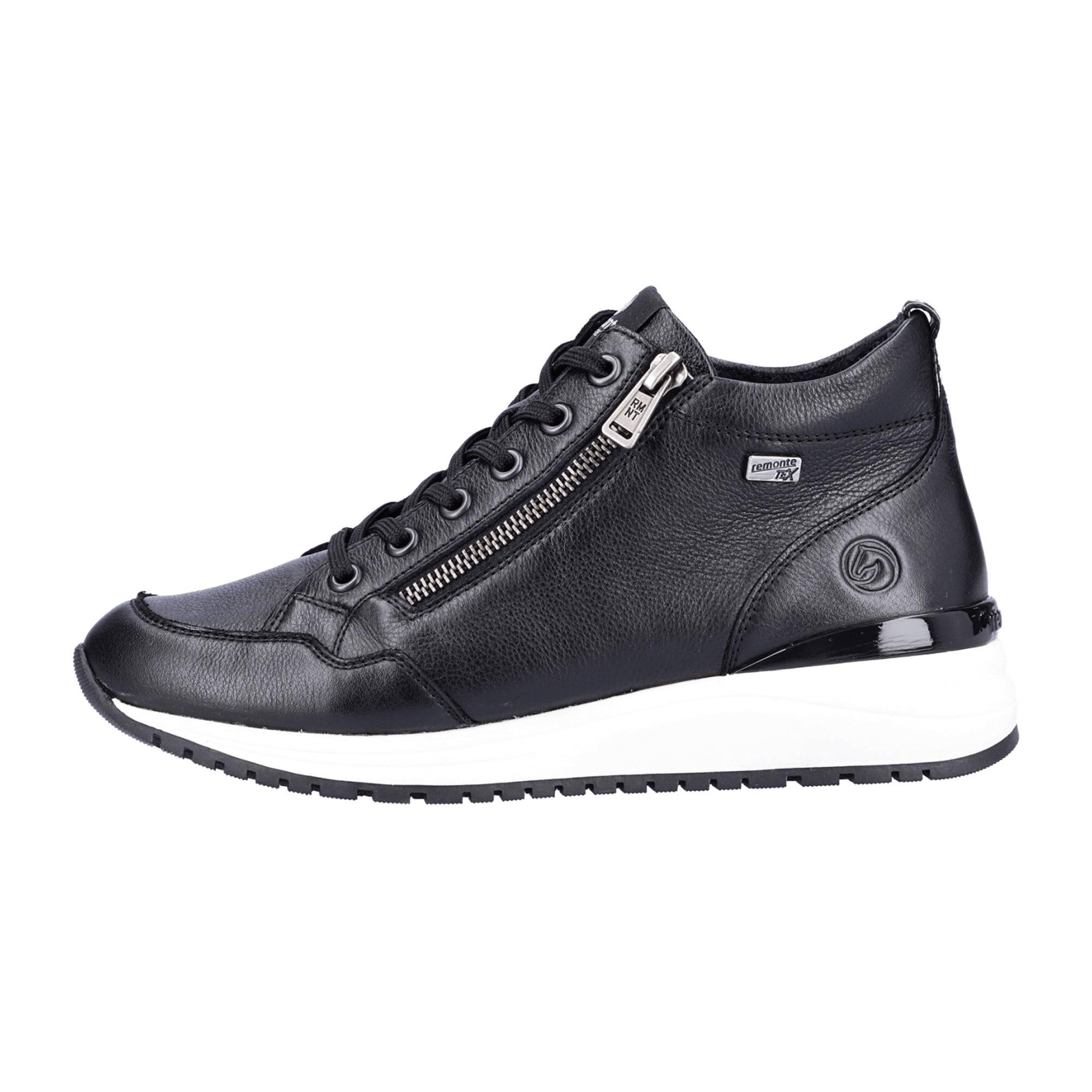 Remonte Black Leather Women's High-Top Sneakers with Zipper and TEX Membrane