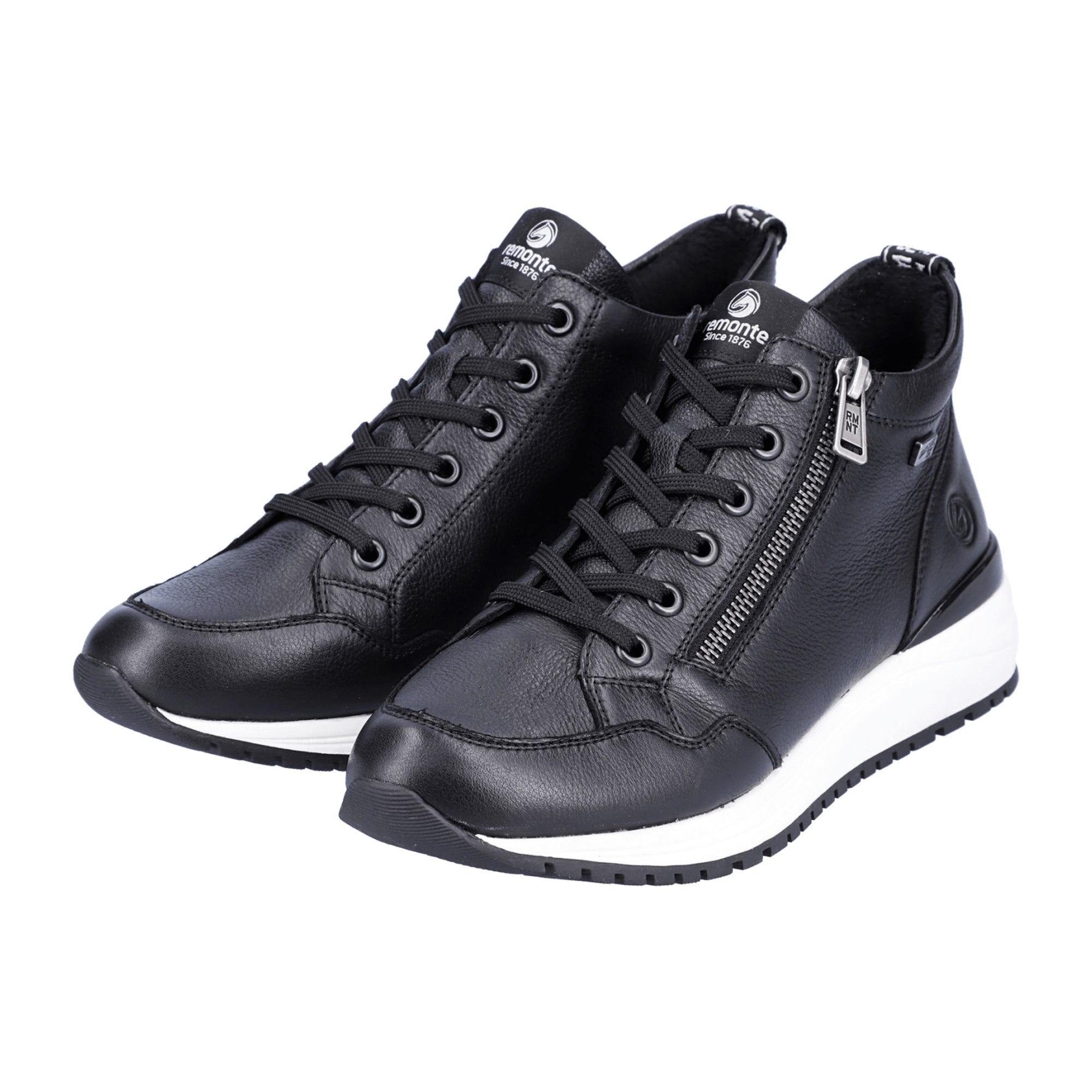 Remonte Black Leather Women's High-Top Sneakers with Zipper and TEX Membrane