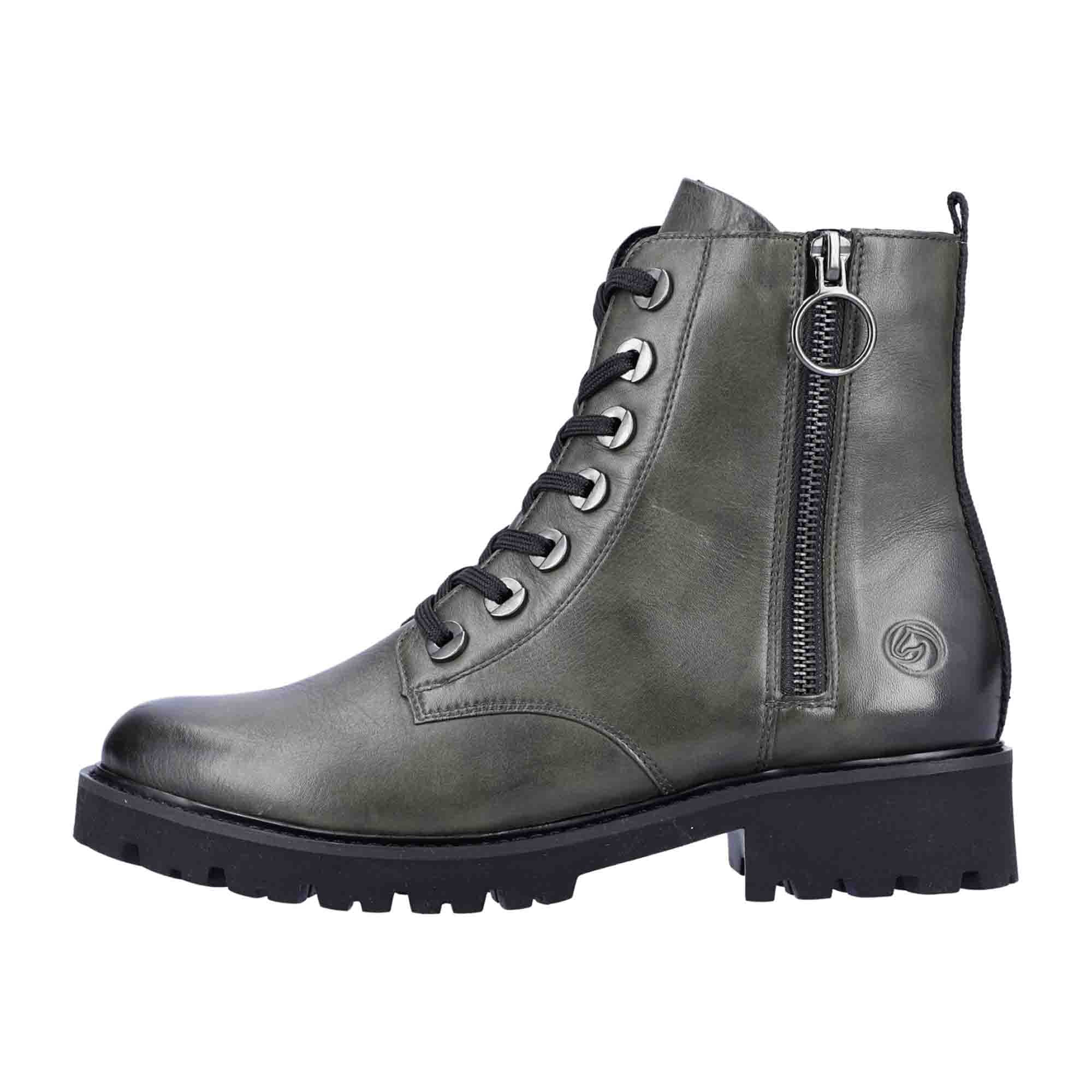 Remonte Green Leather Biker Boots for Women with Zipper and Laces