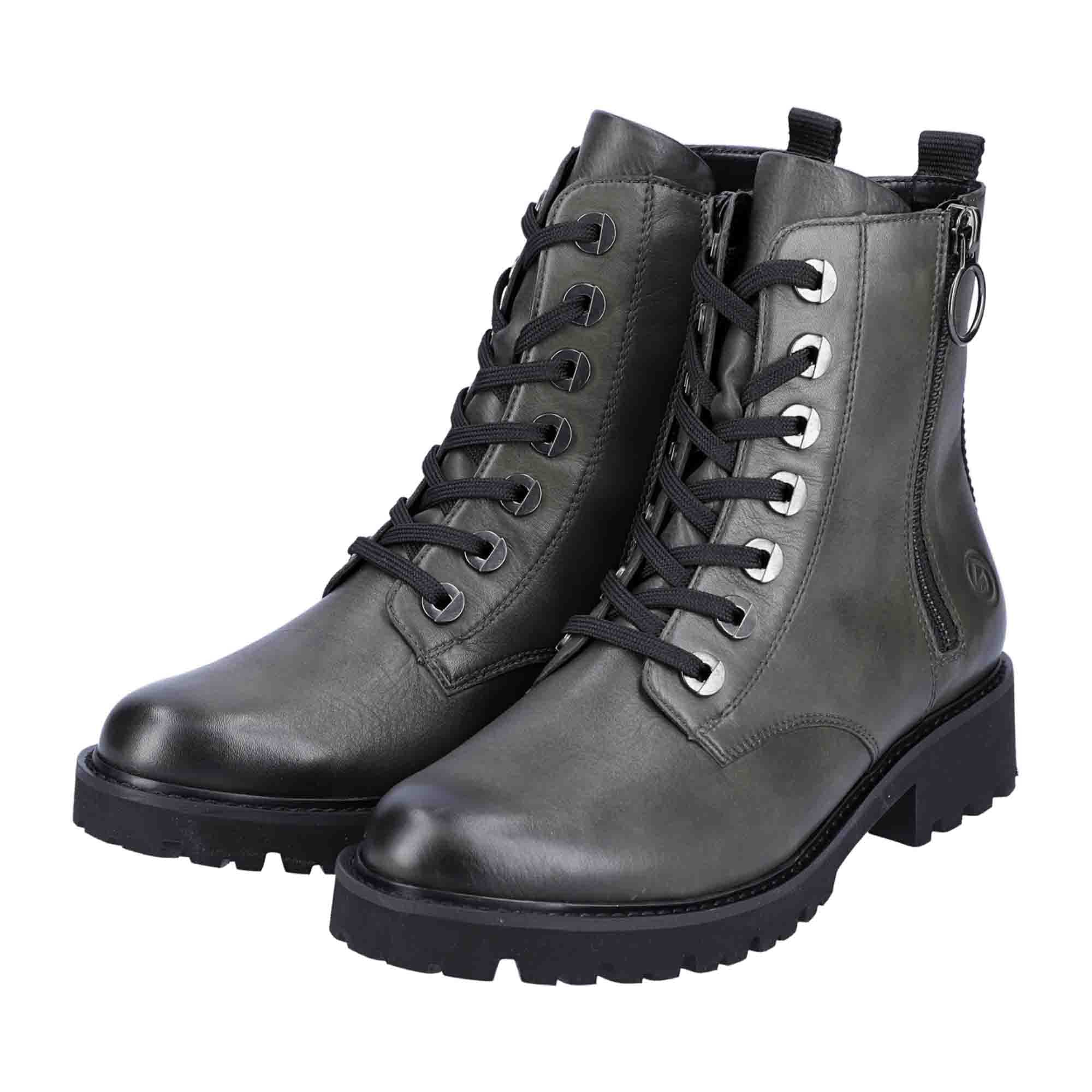 Remonte Green Leather Biker Boots for Women with Zipper and Laces
