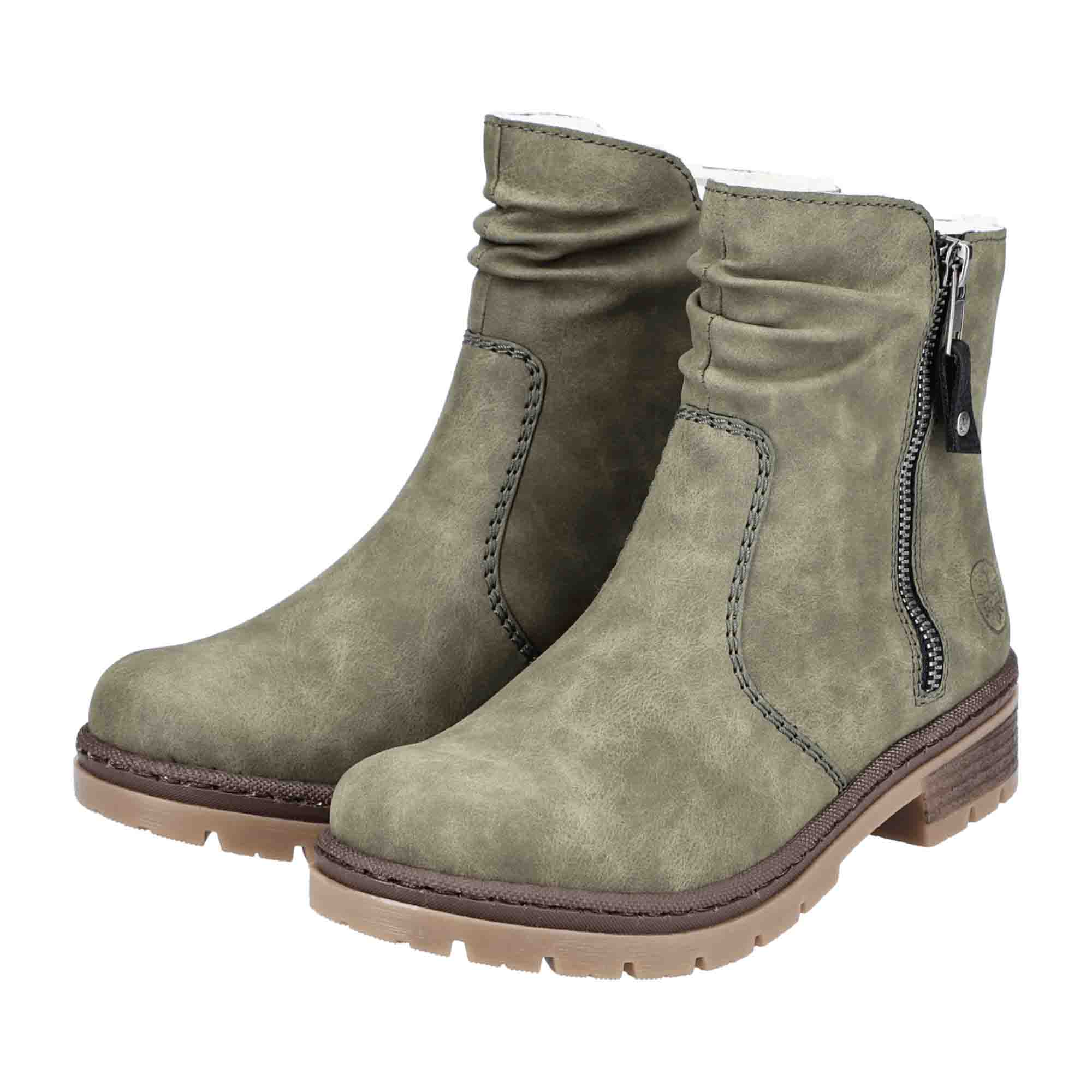 Rieker Women's Olive Ankle Boots with Warm Lining and Side Zipper for Winter