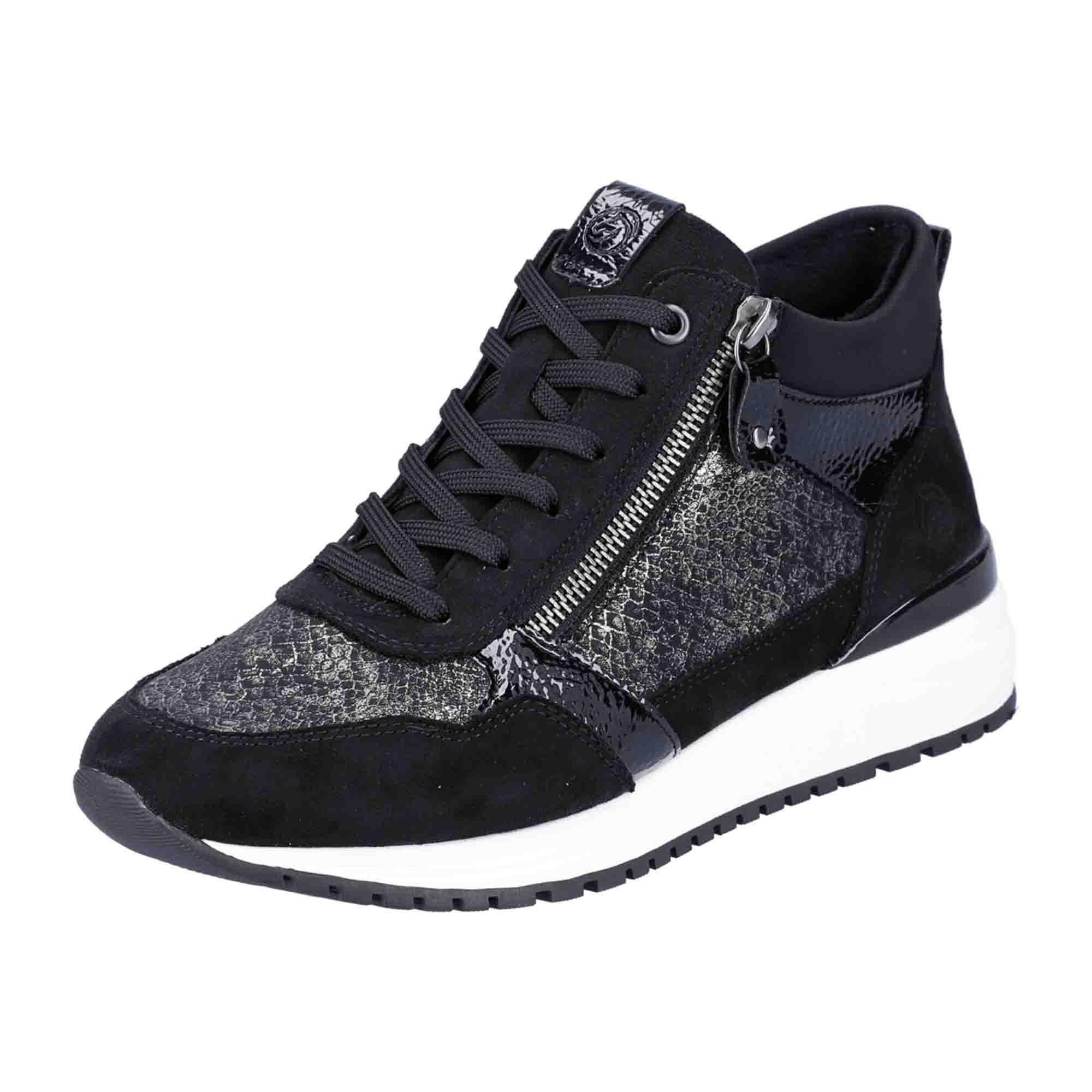 Remonte Women's Black High-Top Sneakers with Silver Accents and Zipper Laces