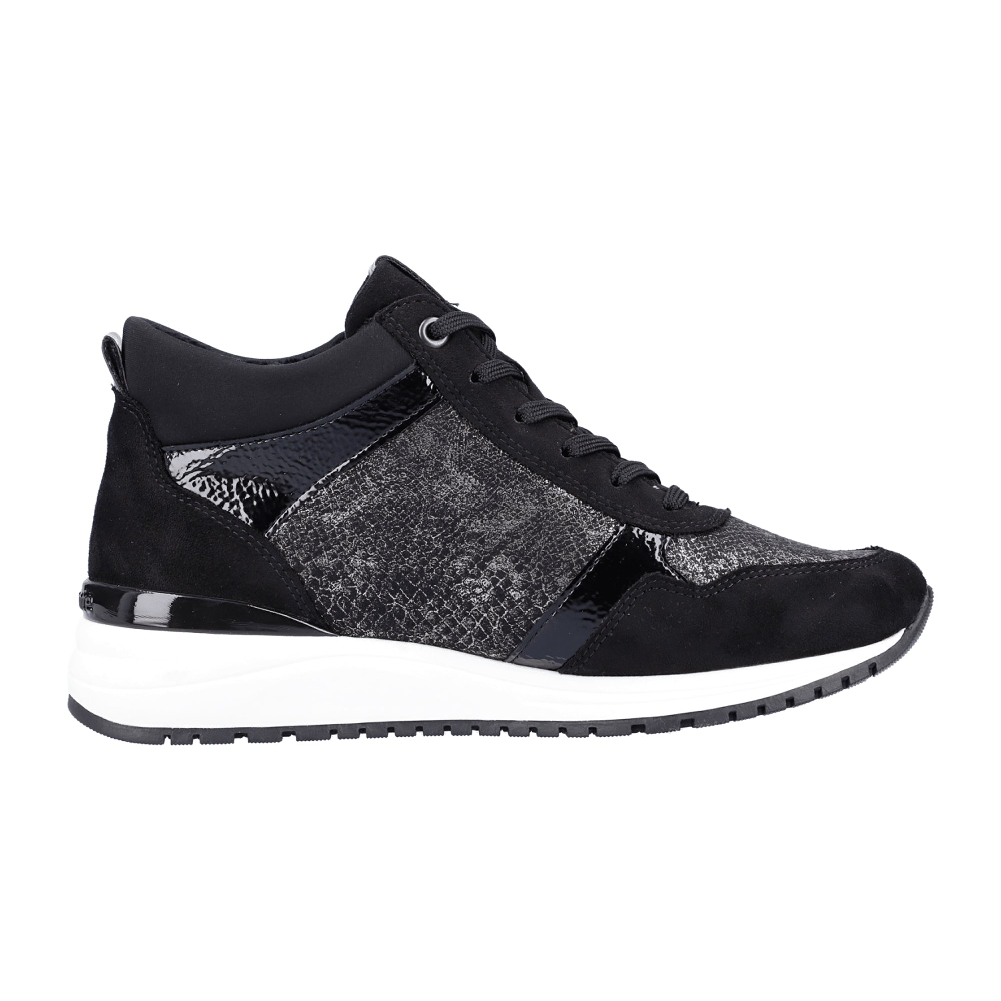 Remonte Women's Black High-Top Sneakers with Silver Accents and Zipper Laces