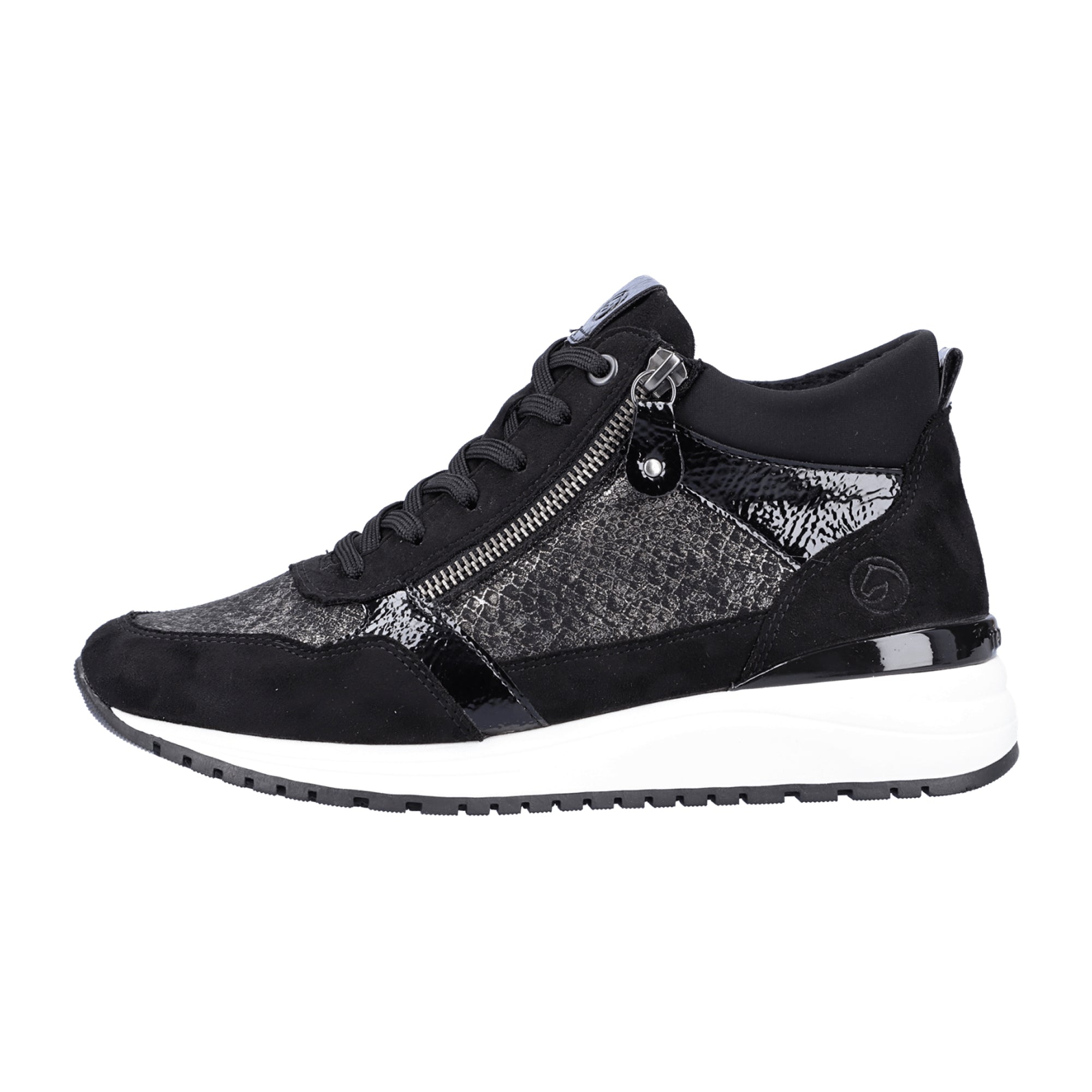 Remonte Women's Black High-Top Sneakers with Silver Accents and Zipper Laces