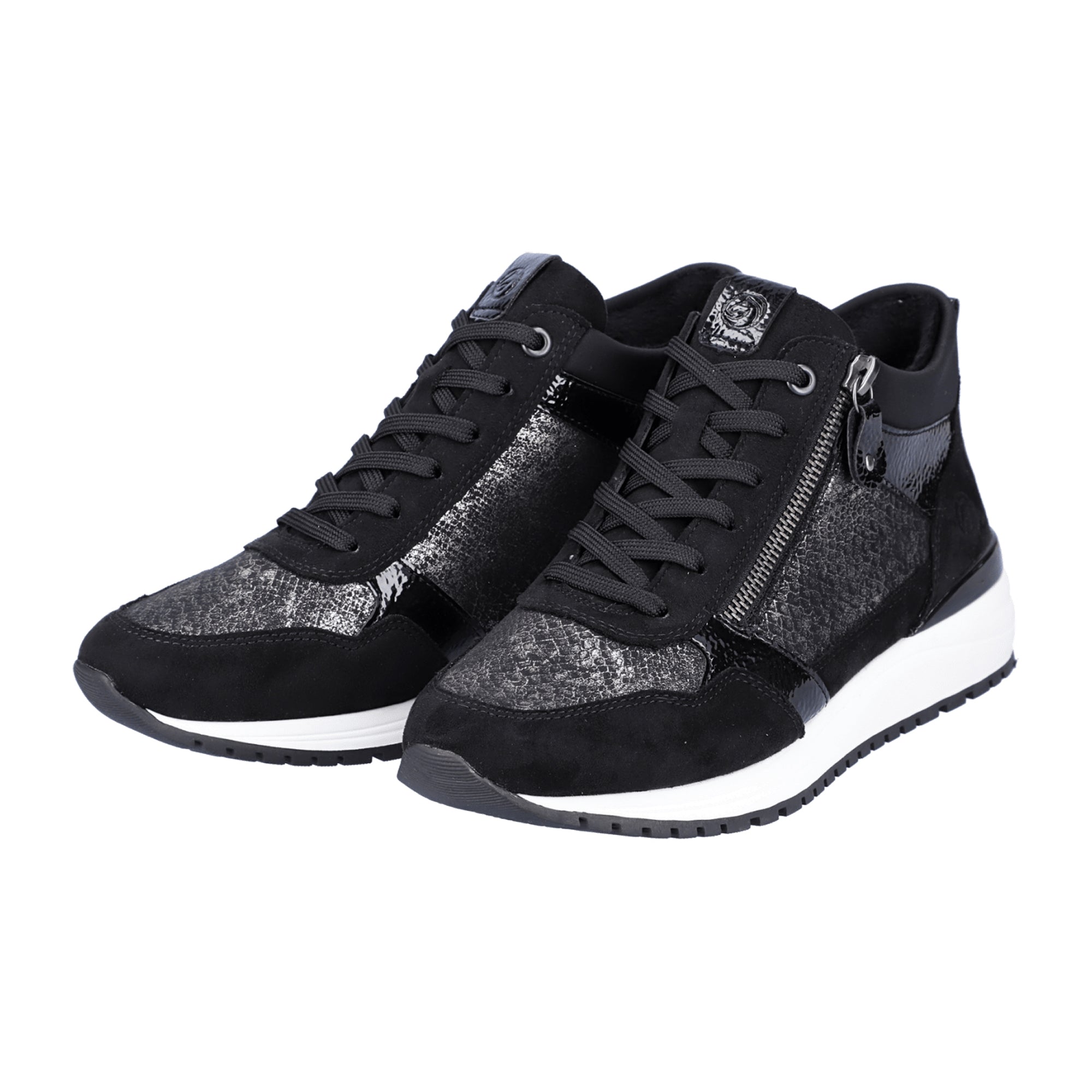 Remonte Women's Black High-Top Sneakers with Silver Accents and Zipper Laces