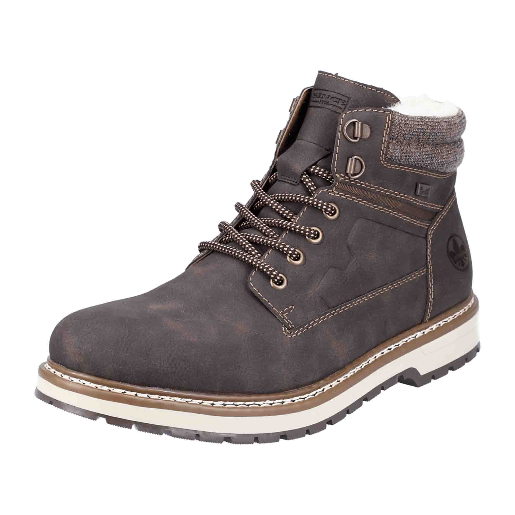 Rieker Men's Brown Leather Boots F381125 with Warm Wool Lining and Rubber Sole