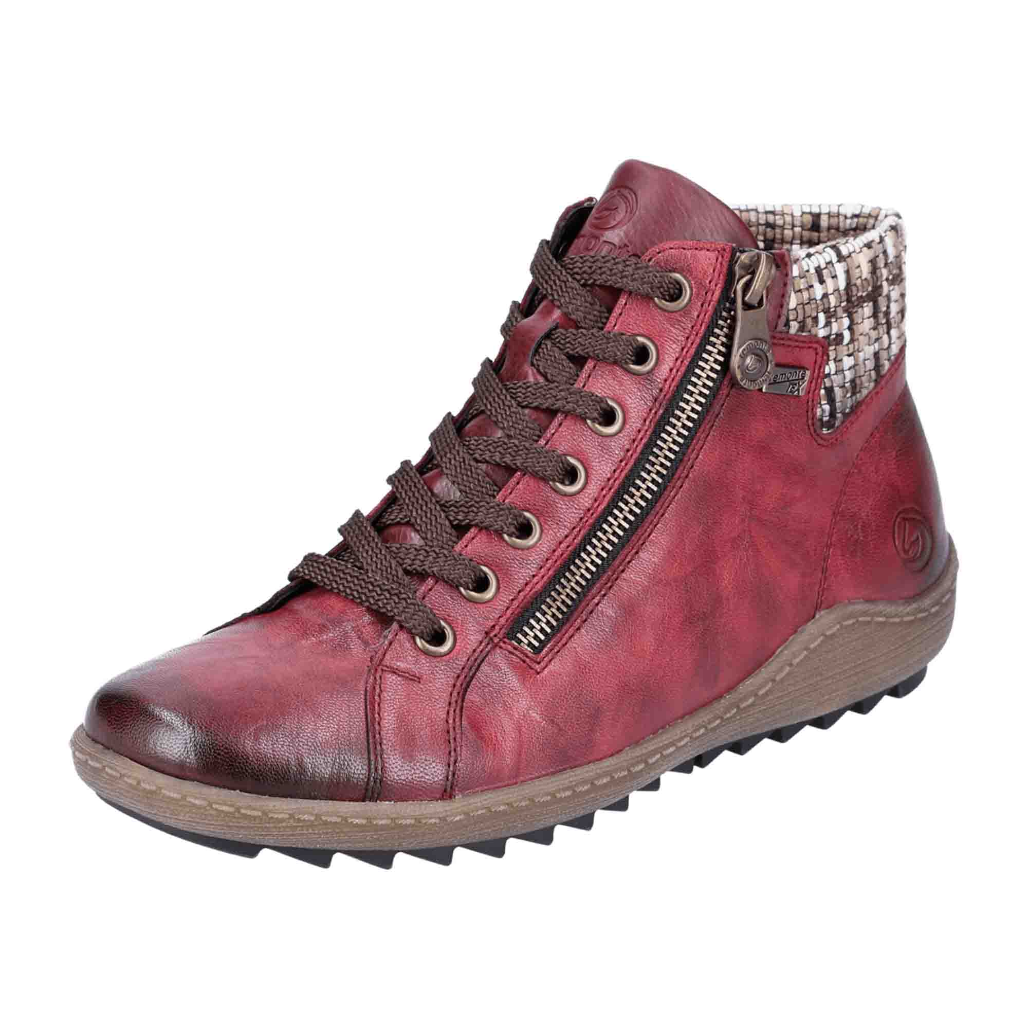 Remonte Women's Dark Red Leather Ankle Boots with Patterned Cuff and Grip Sole