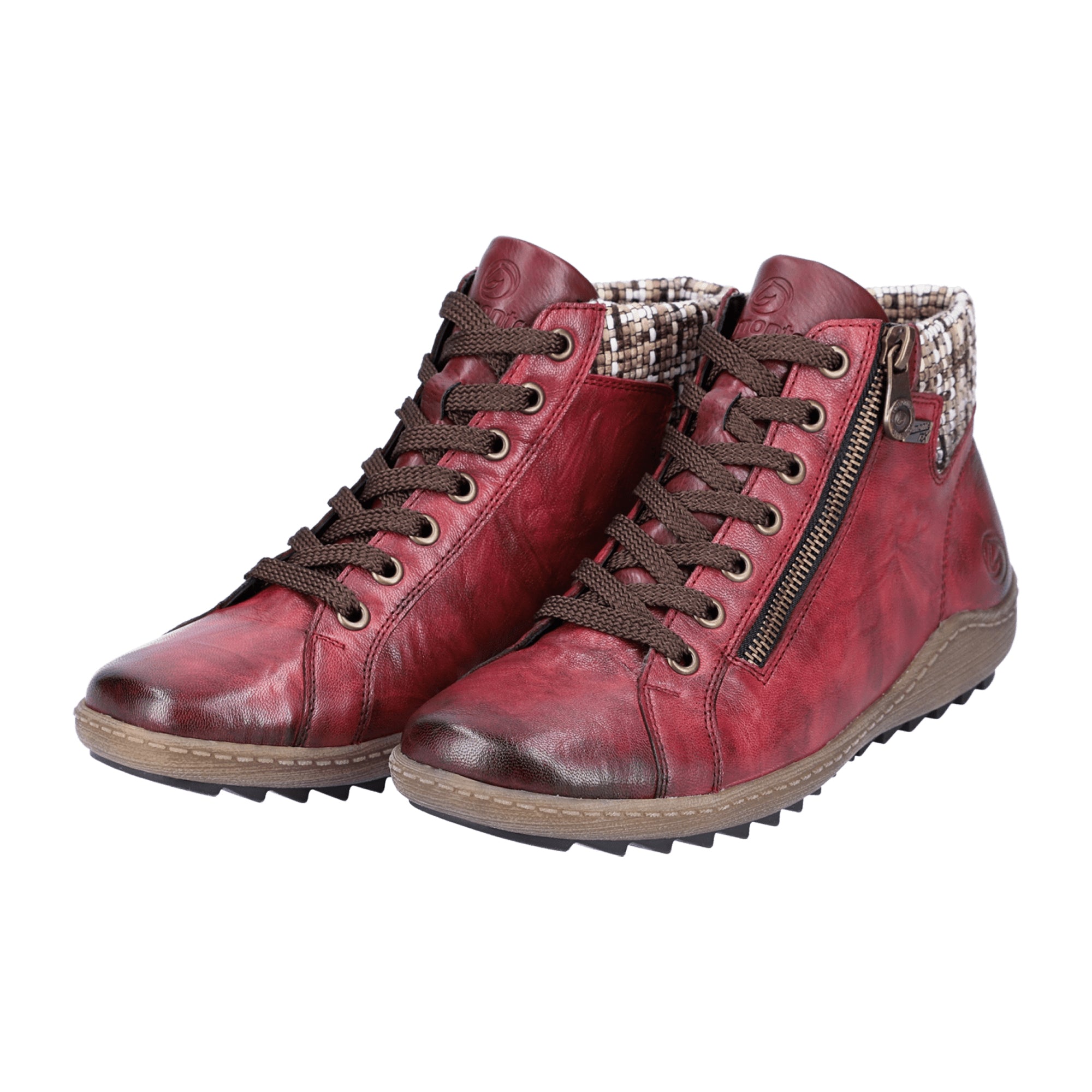 Remonte Women's Dark Red Leather Ankle Boots with Patterned Cuff and Grip Sole