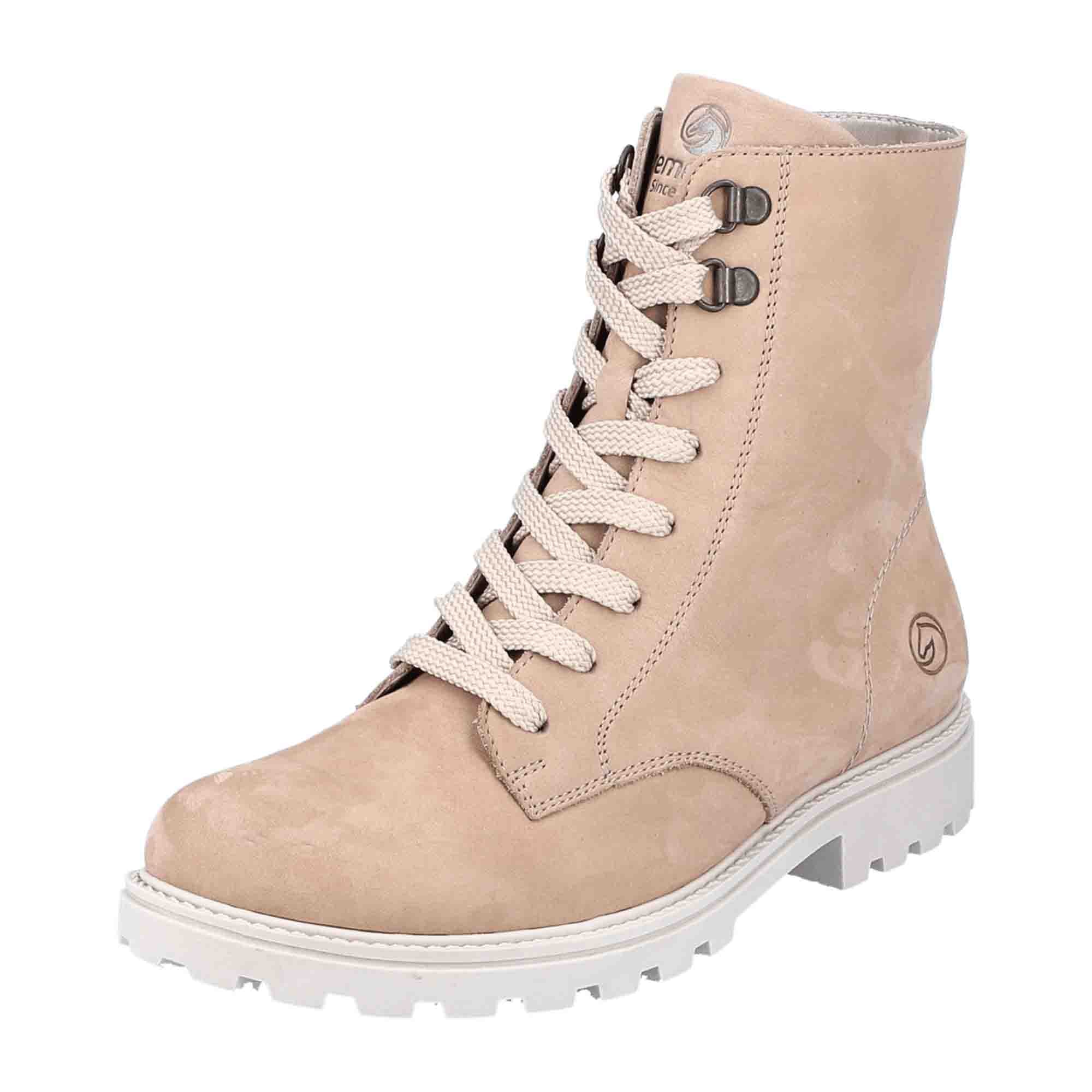 Remonte Beige Women's Lace-Up Ankle Boots with Warm Lining and Zip Closure