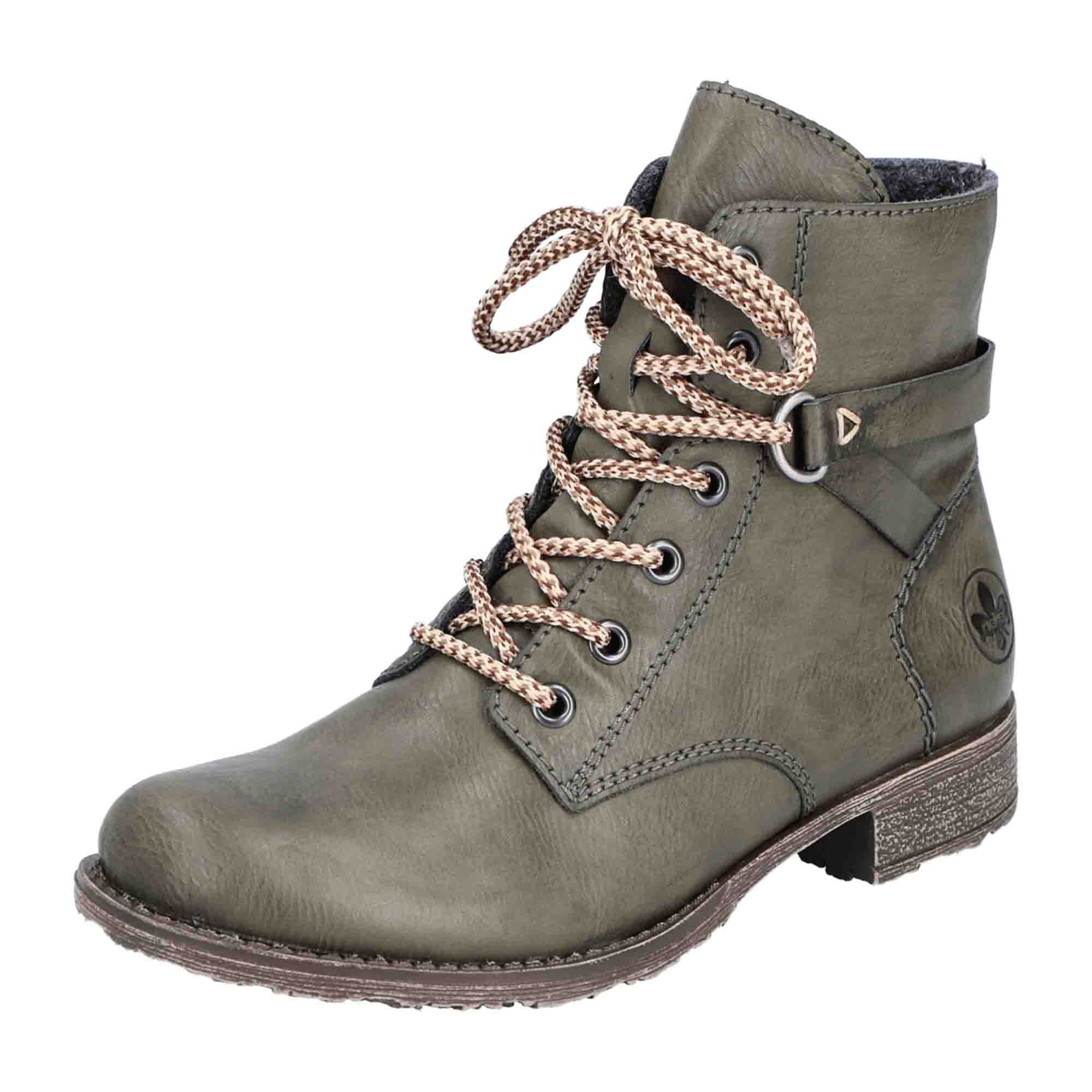 Rieker Women's Green Lace-Up Ankle Boots with Warm Lining for Fall and Winter