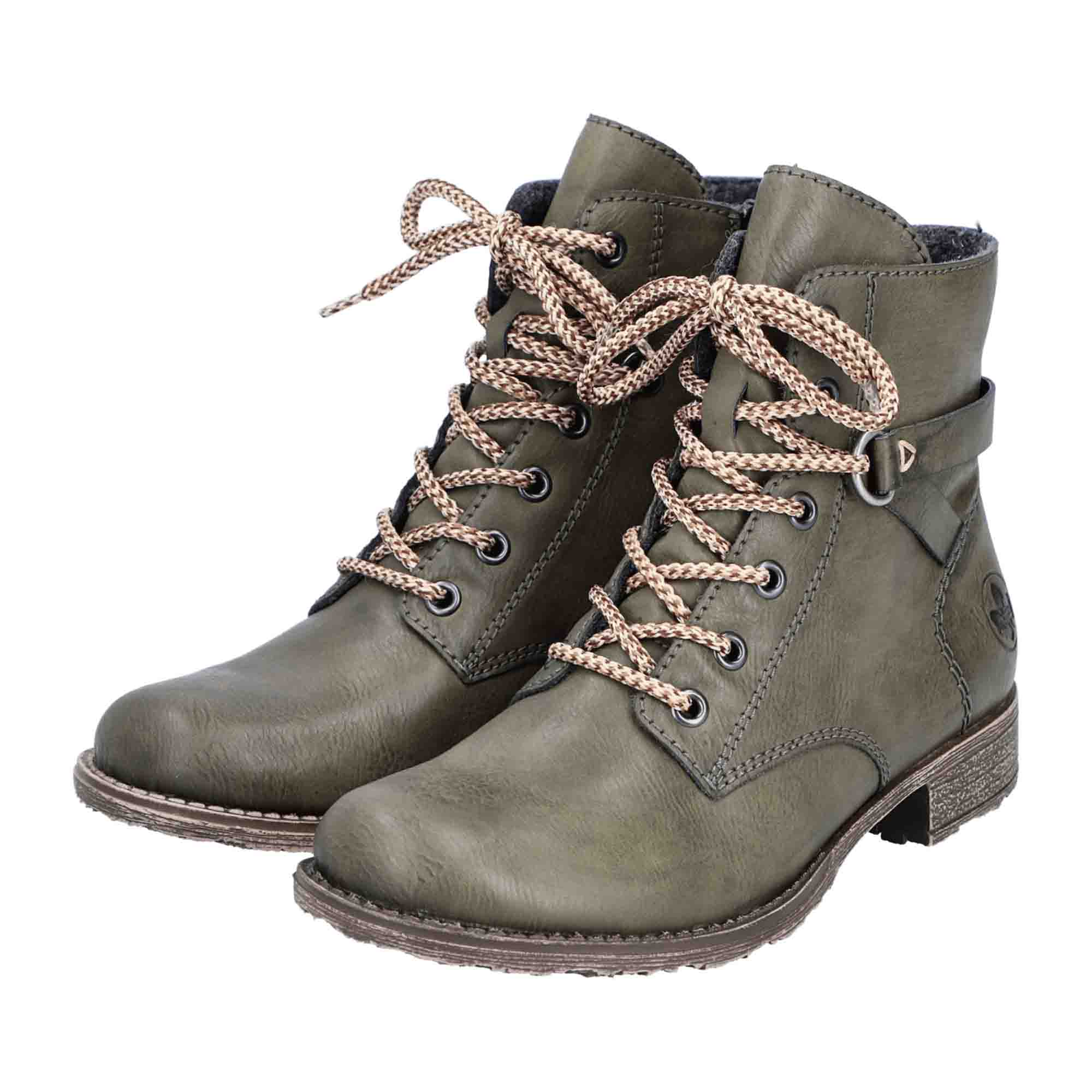 Rieker Women's Green Lace-Up Ankle Boots with Warm Lining for Fall and Winter