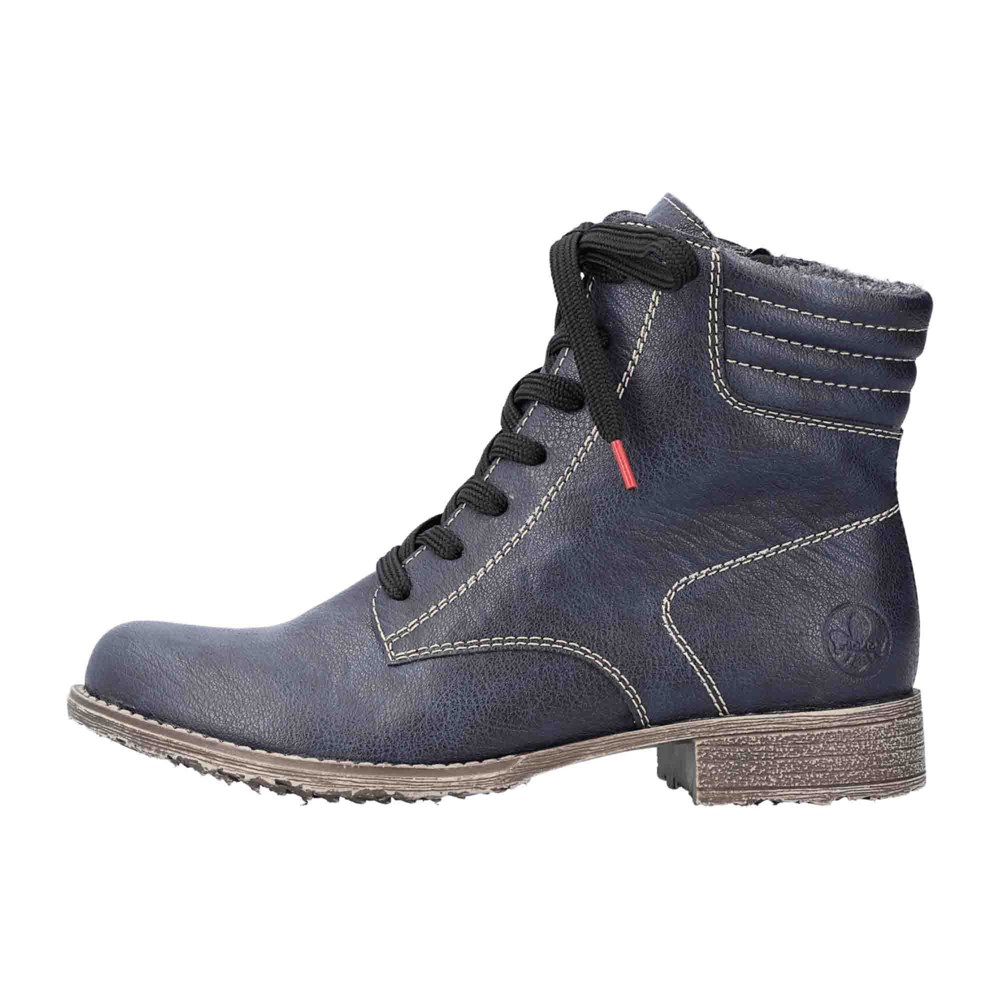 Rieker Women's Blue Lace-Up Ankle Boots with Warm Lining and Side Zipper