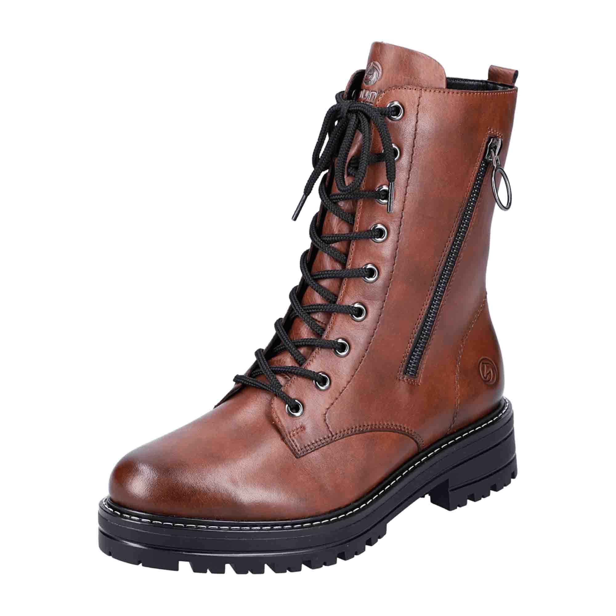 Remonte Women's Brown Leather Biker Boots with Zipper and Laces