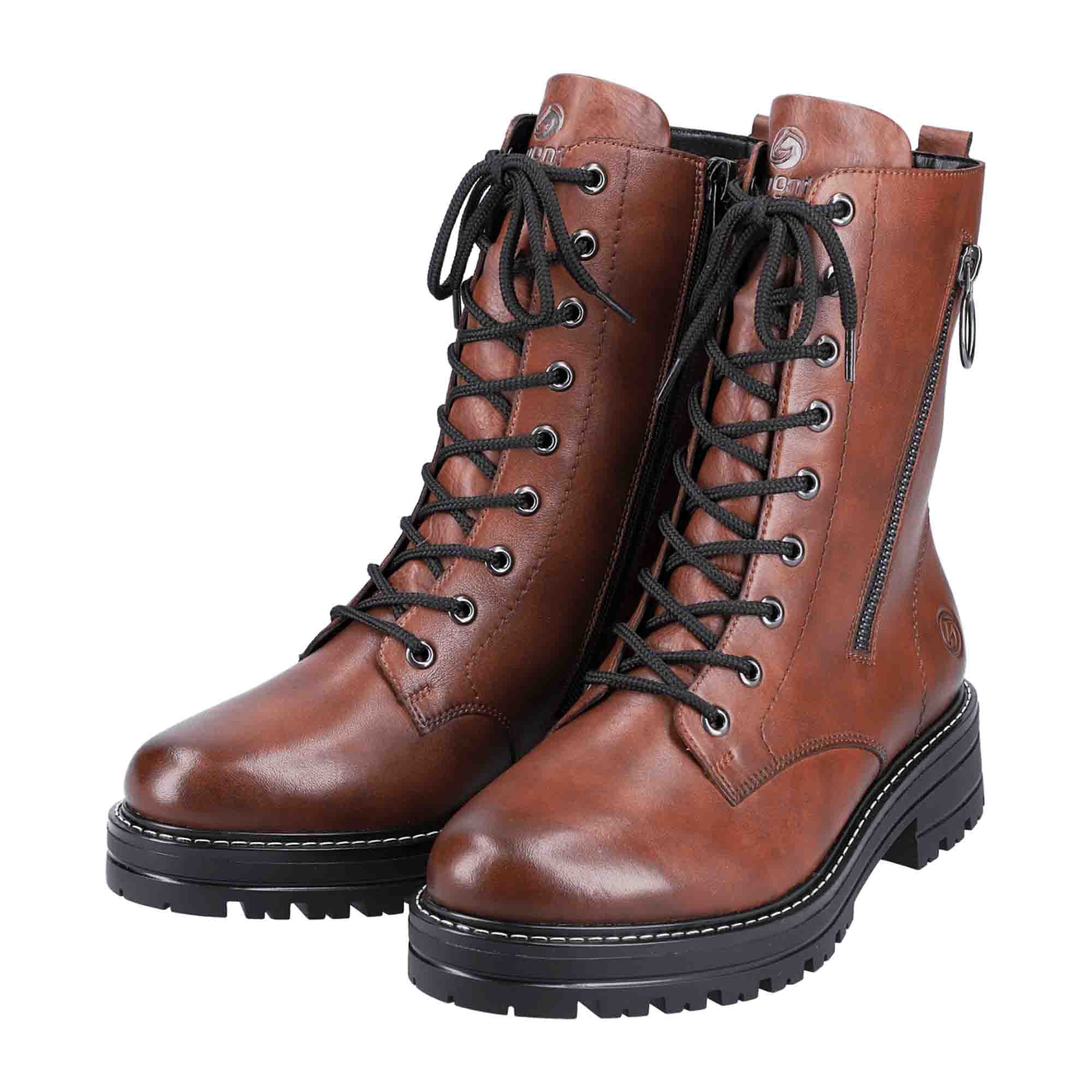 Remonte Women's Brown Leather Biker Boots with Zipper and Laces