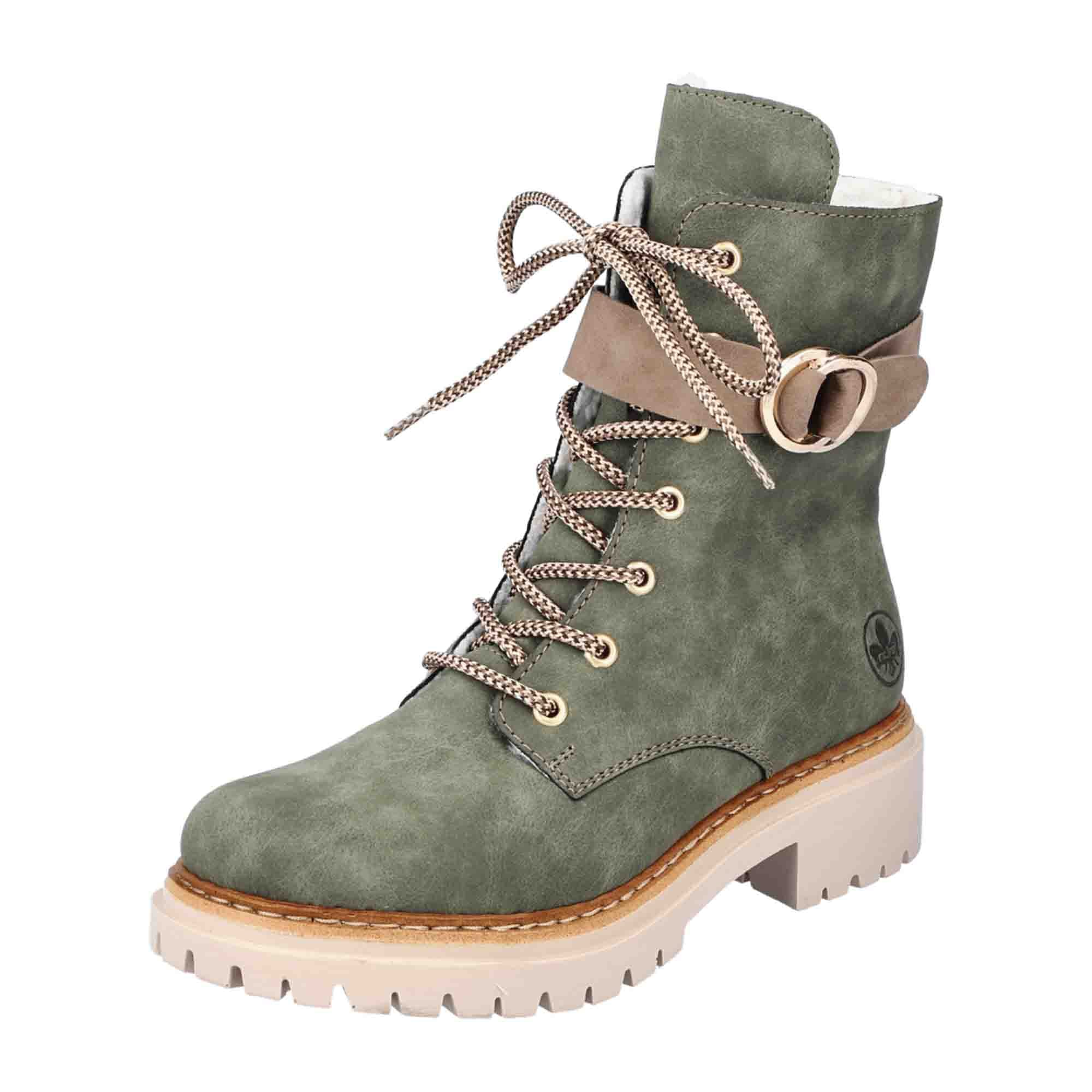 Rieker Women's Green Lace-Up Ankle Boots with Warm Lining and Zip Closure