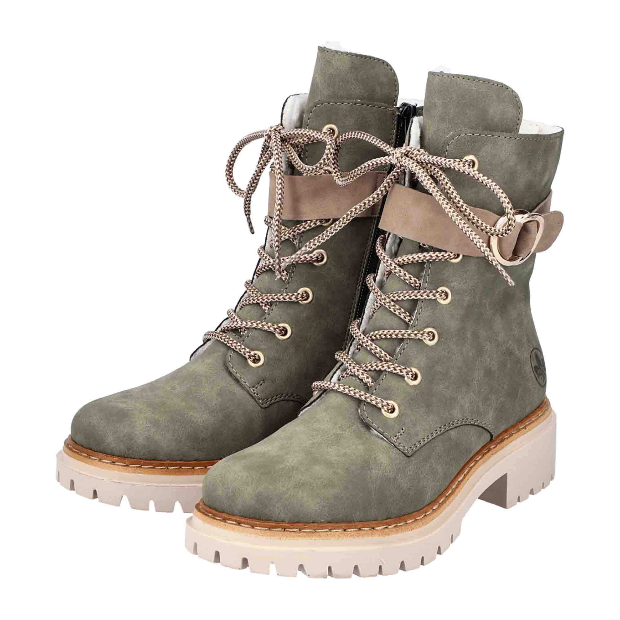 Rieker Women's Green Lace-Up Ankle Boots with Warm Lining and Zip Closure