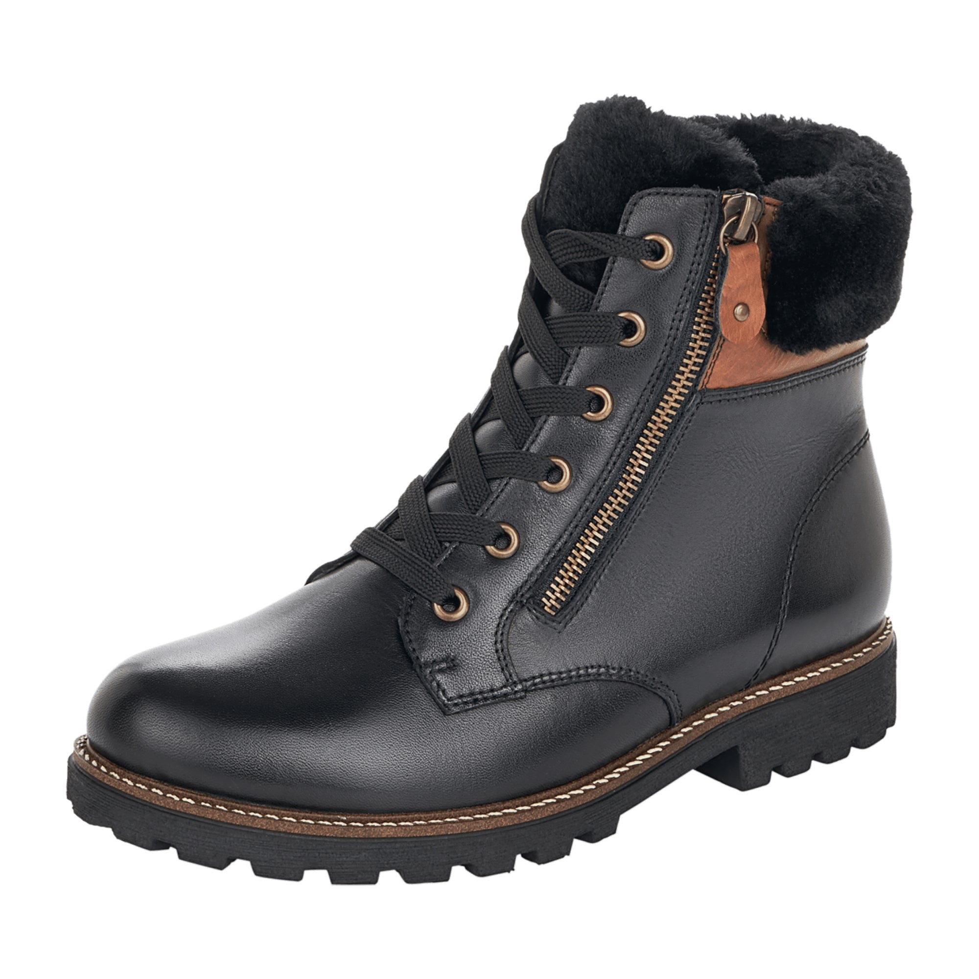 Remonte Black Leather Winter Boots for Women with Lambskin Lining