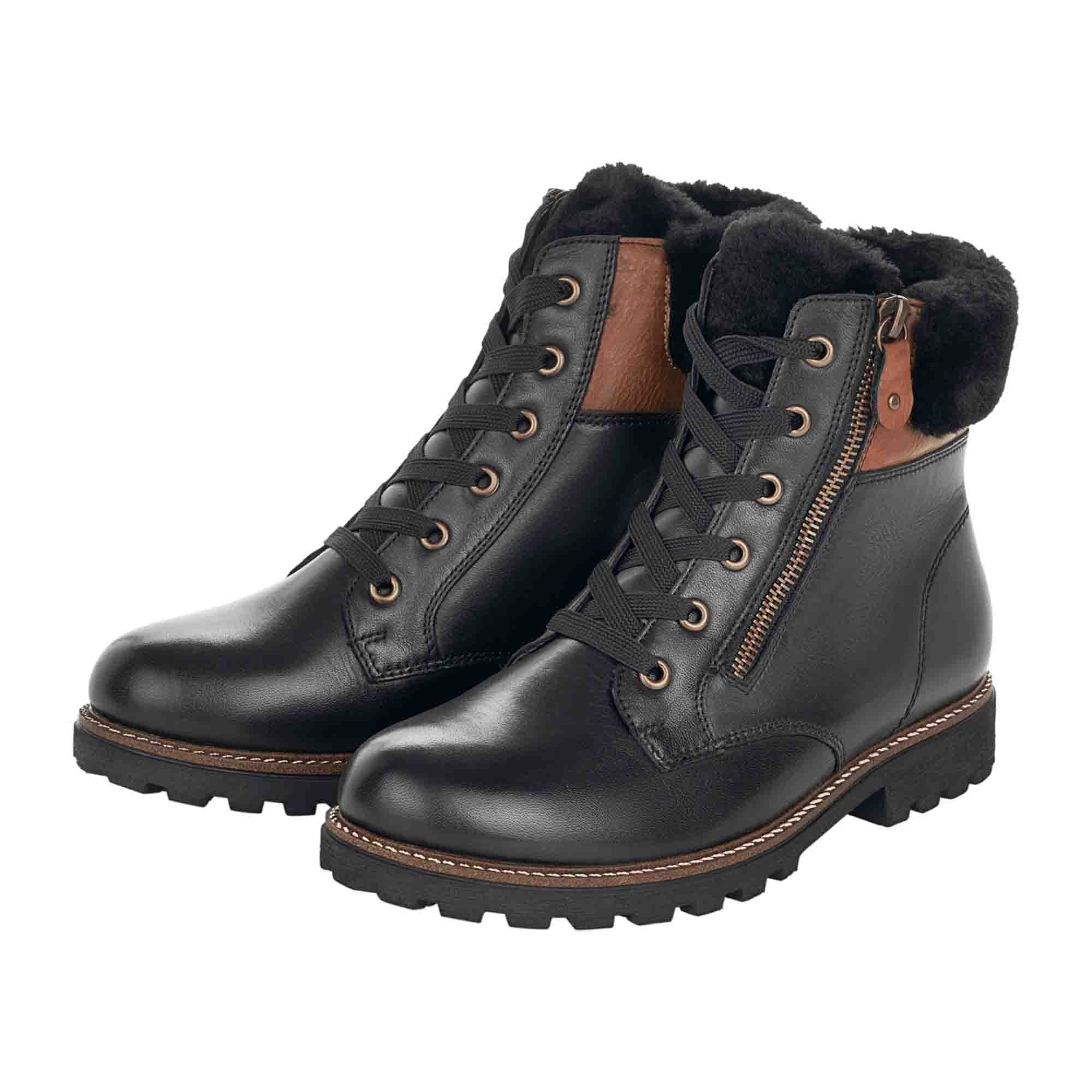 Remonte Black Leather Winter Boots for Women with Lambskin Lining