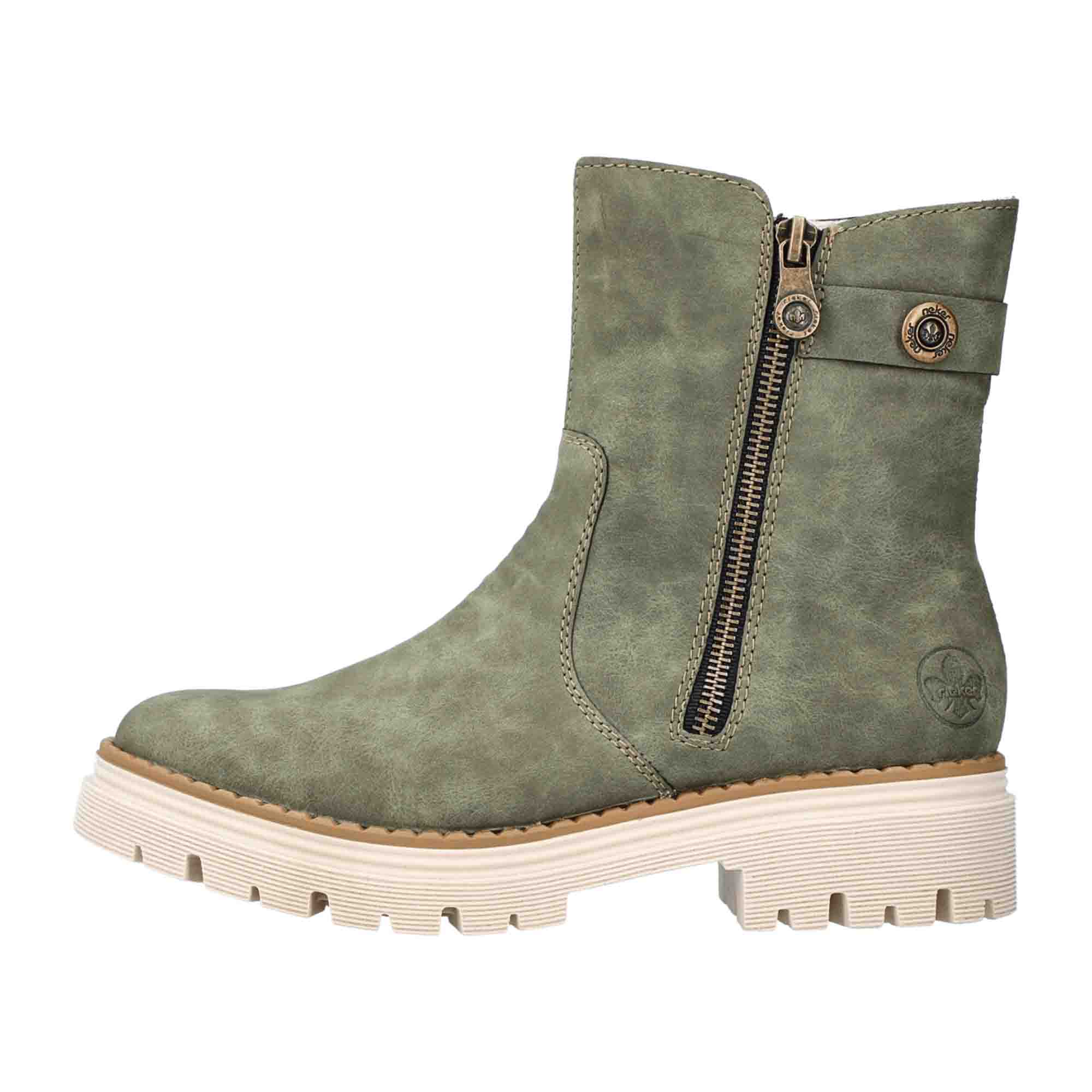Rieker Women's Green Ankle Boots with Zipper and Comfortable Sole