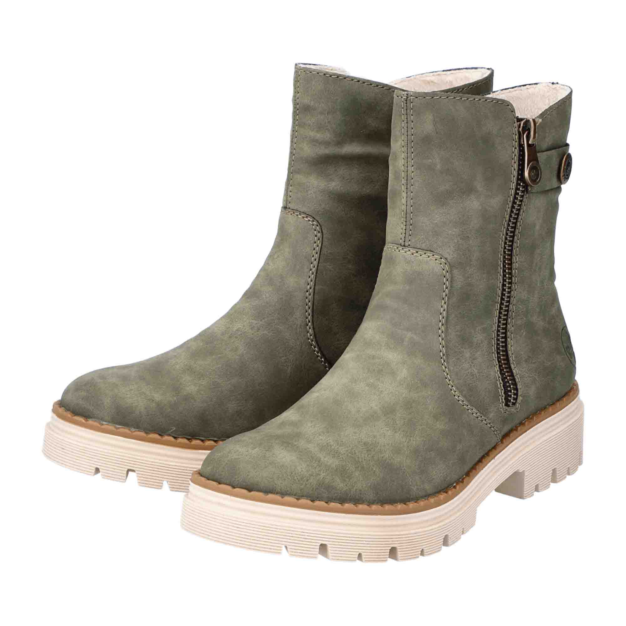 Rieker Women's Green Ankle Boots with Zipper and Comfortable Sole
