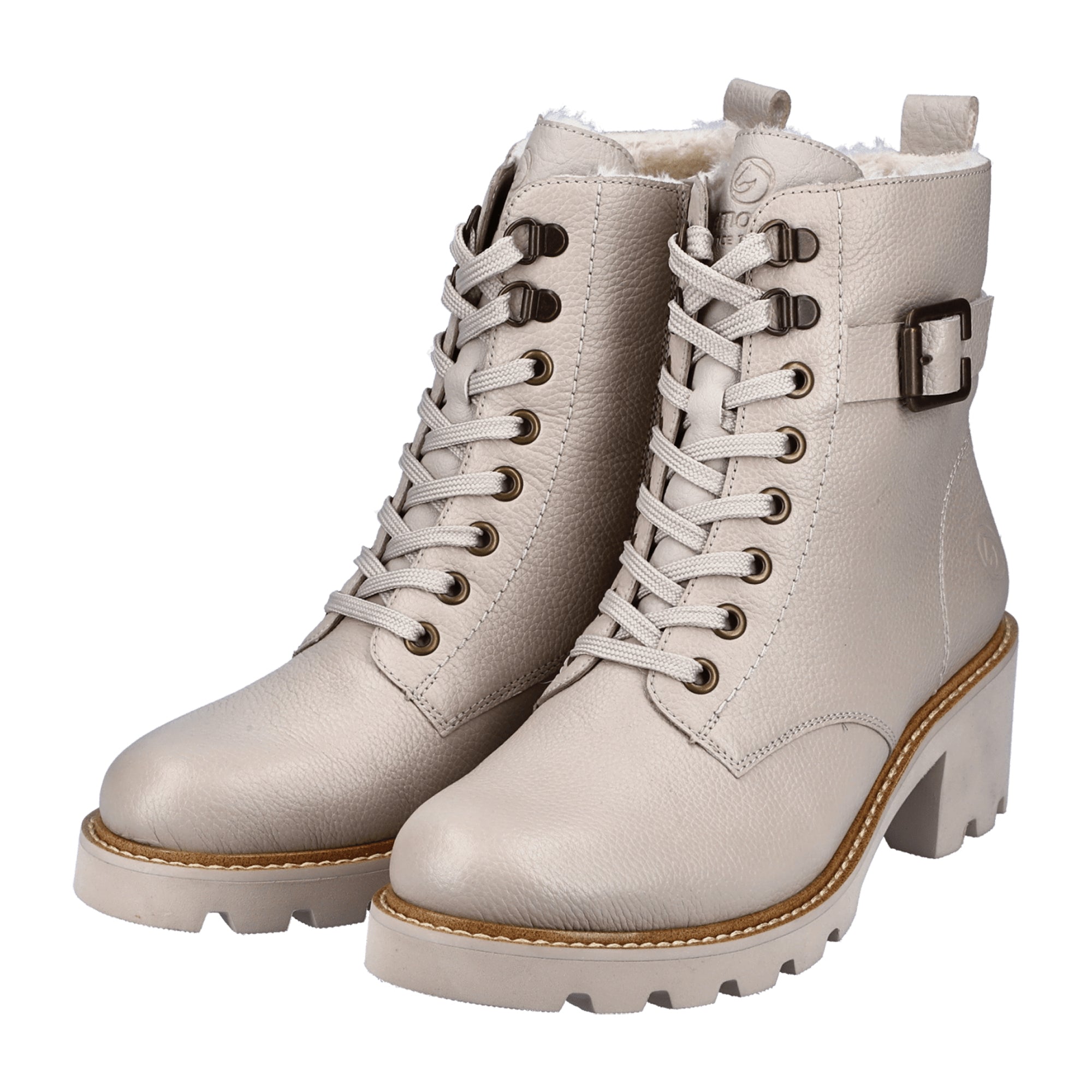 Remonte Beige Biker Boots for Women Genuine Leather with Block Heel and Zipper