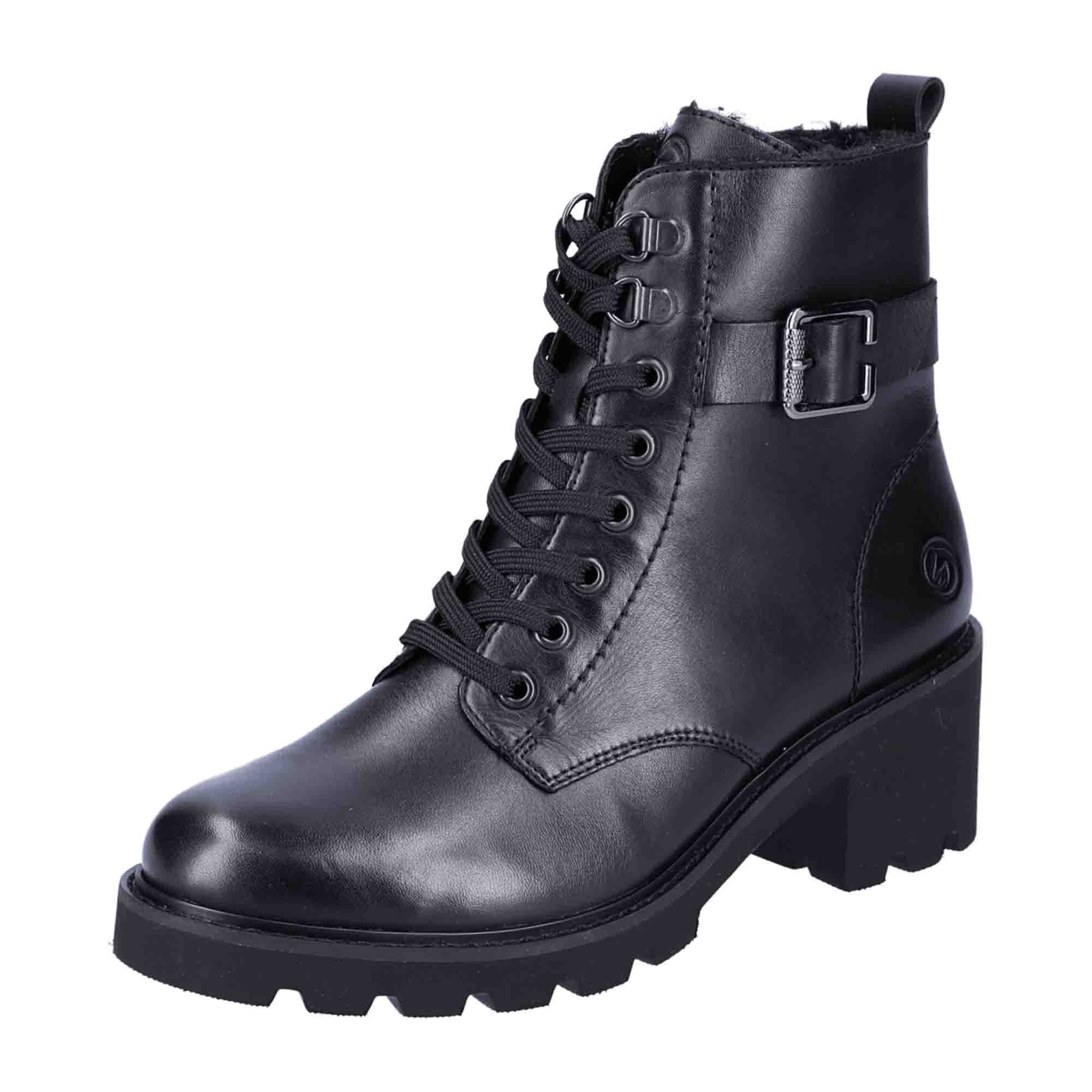 Remonte Black Leather Biker Boots for Women with Buckle and Zipper