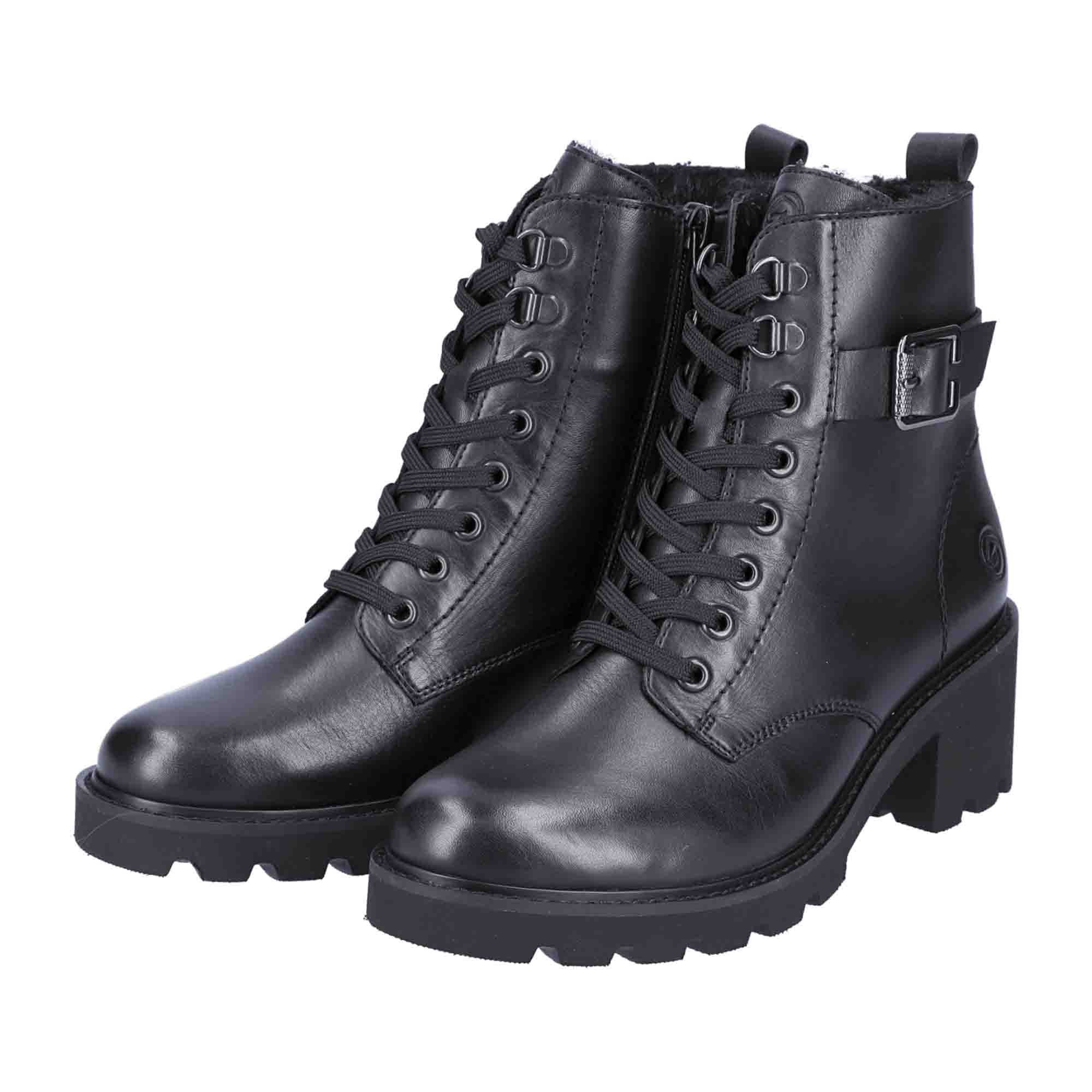 Remonte Black Leather Biker Boots for Women with Buckle and Zipper