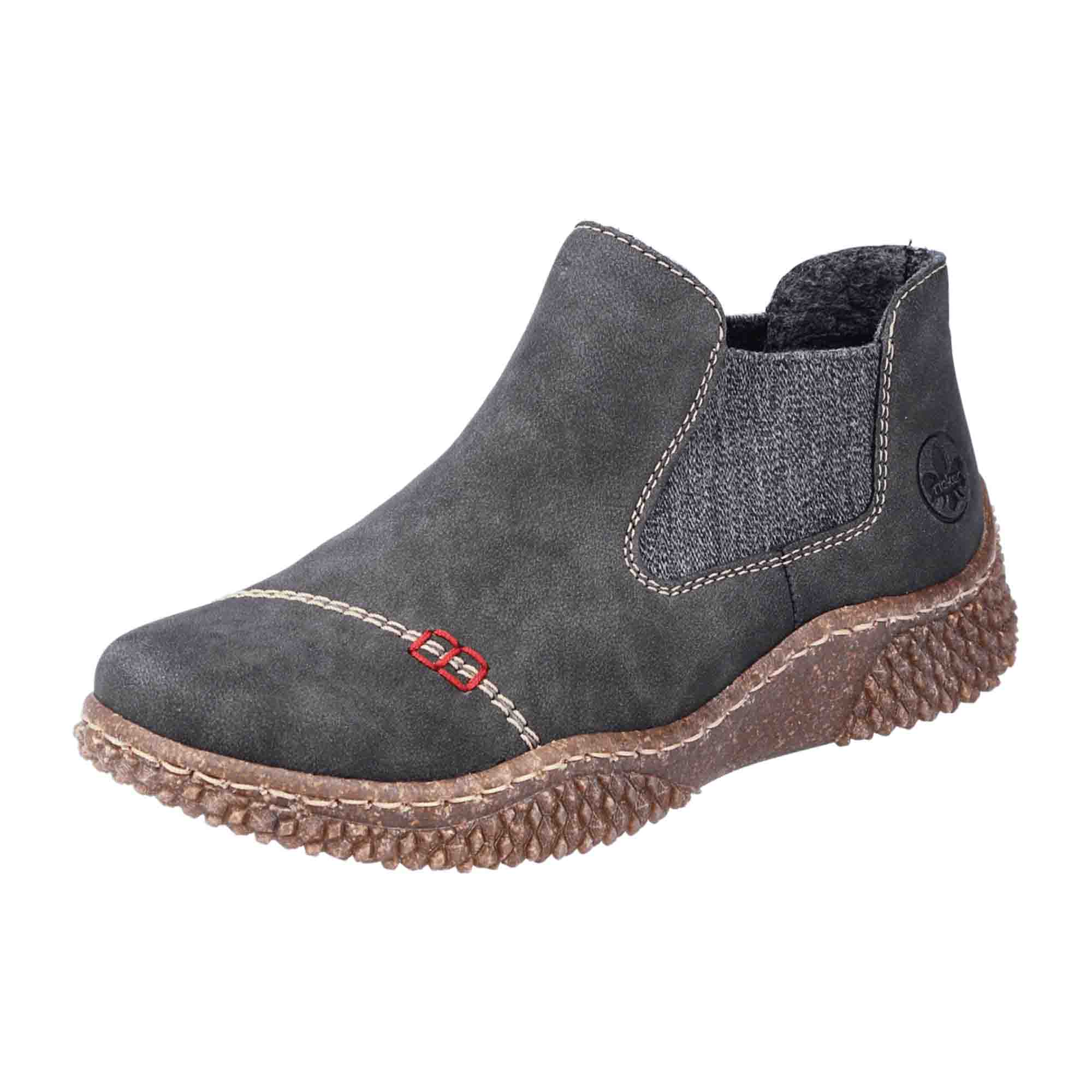 Rieker Women's Gray Chelsea Boots with Brown Sole and Stylish Red Stitching