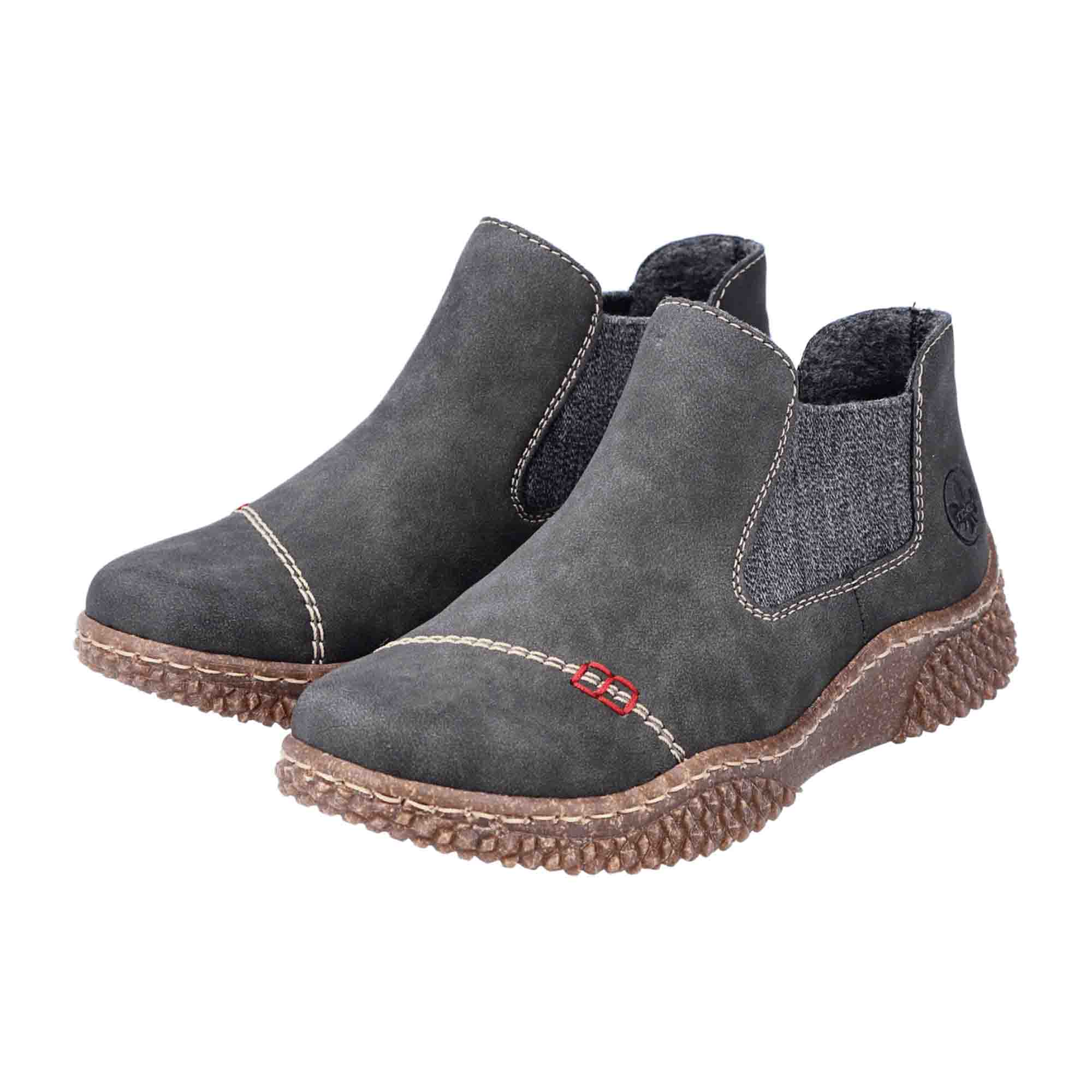 Rieker Women's Gray Chelsea Boots with Brown Sole and Stylish Red Stitching