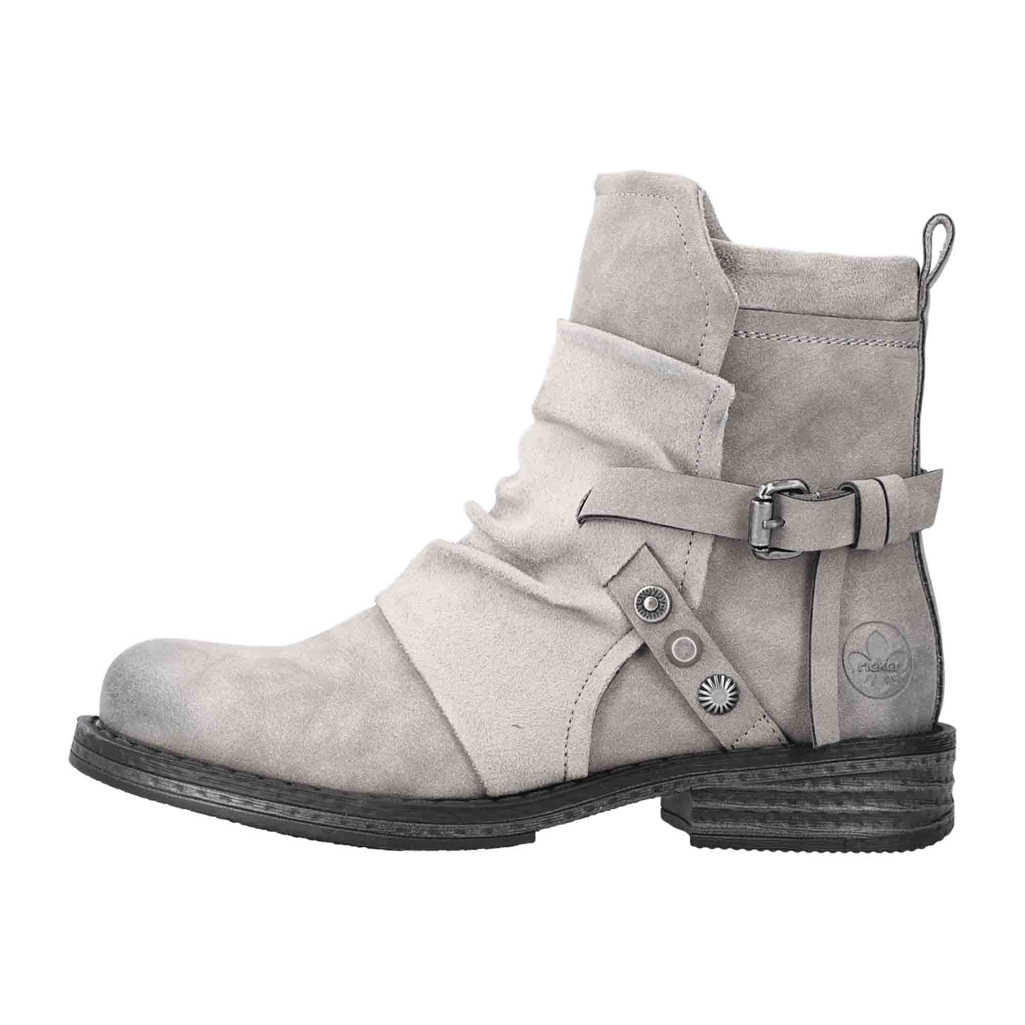 Rieker Women's Gray Ankle Boots with Side Zipper and Buckle Detail