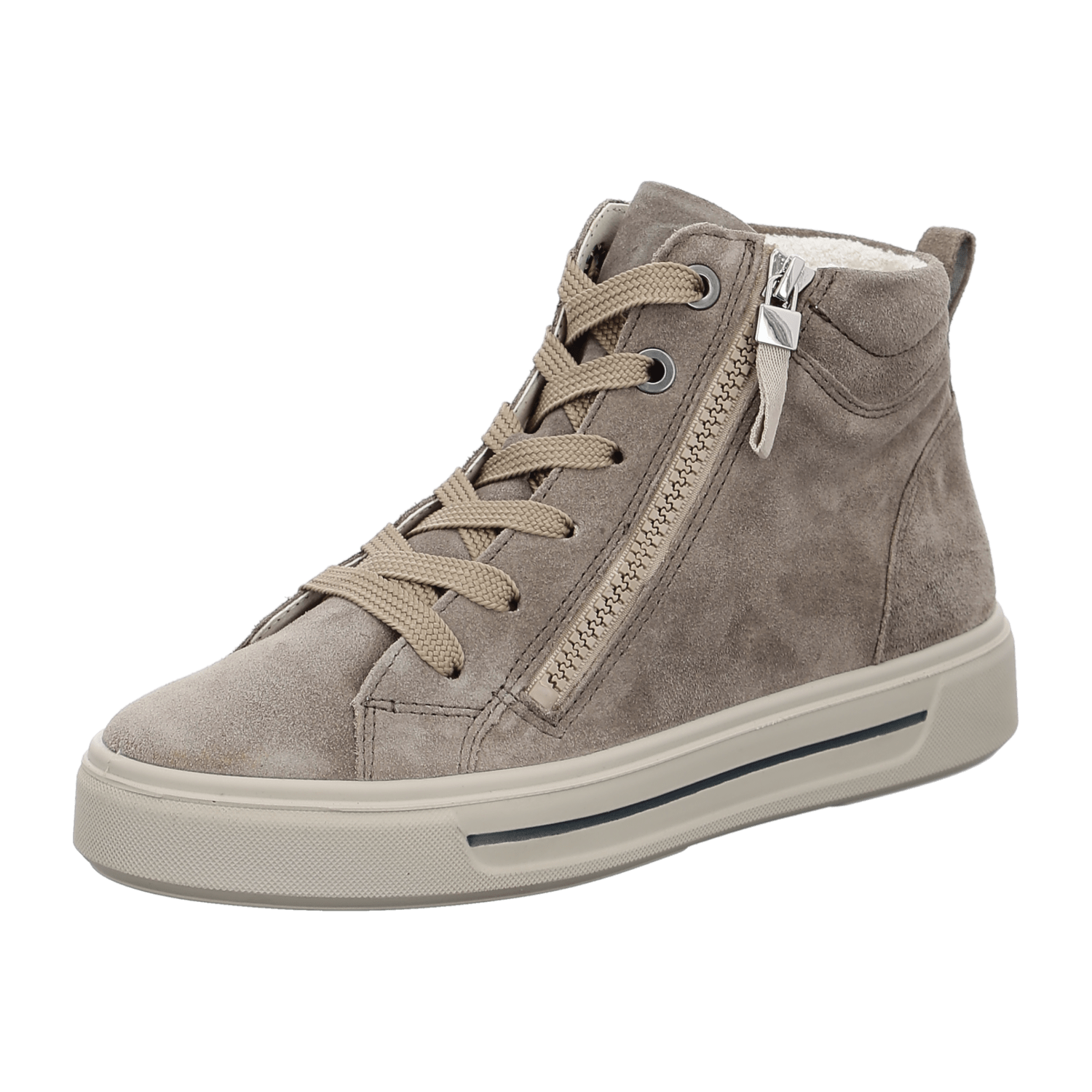 ARA Women's Velour Leather High-Top Sneakers with Lace-Up Closure and Rubber Sole in Beige