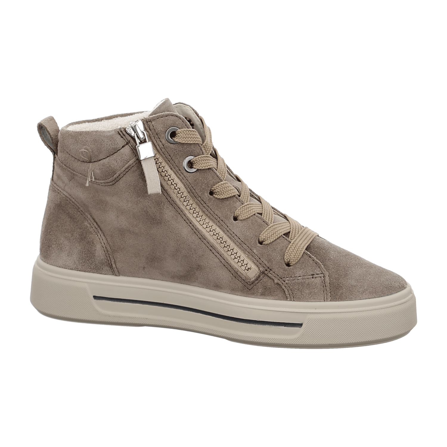 ARA Women's Velour Leather High-Top Sneakers with Lace-Up Closure and Rubber Sole in Beige