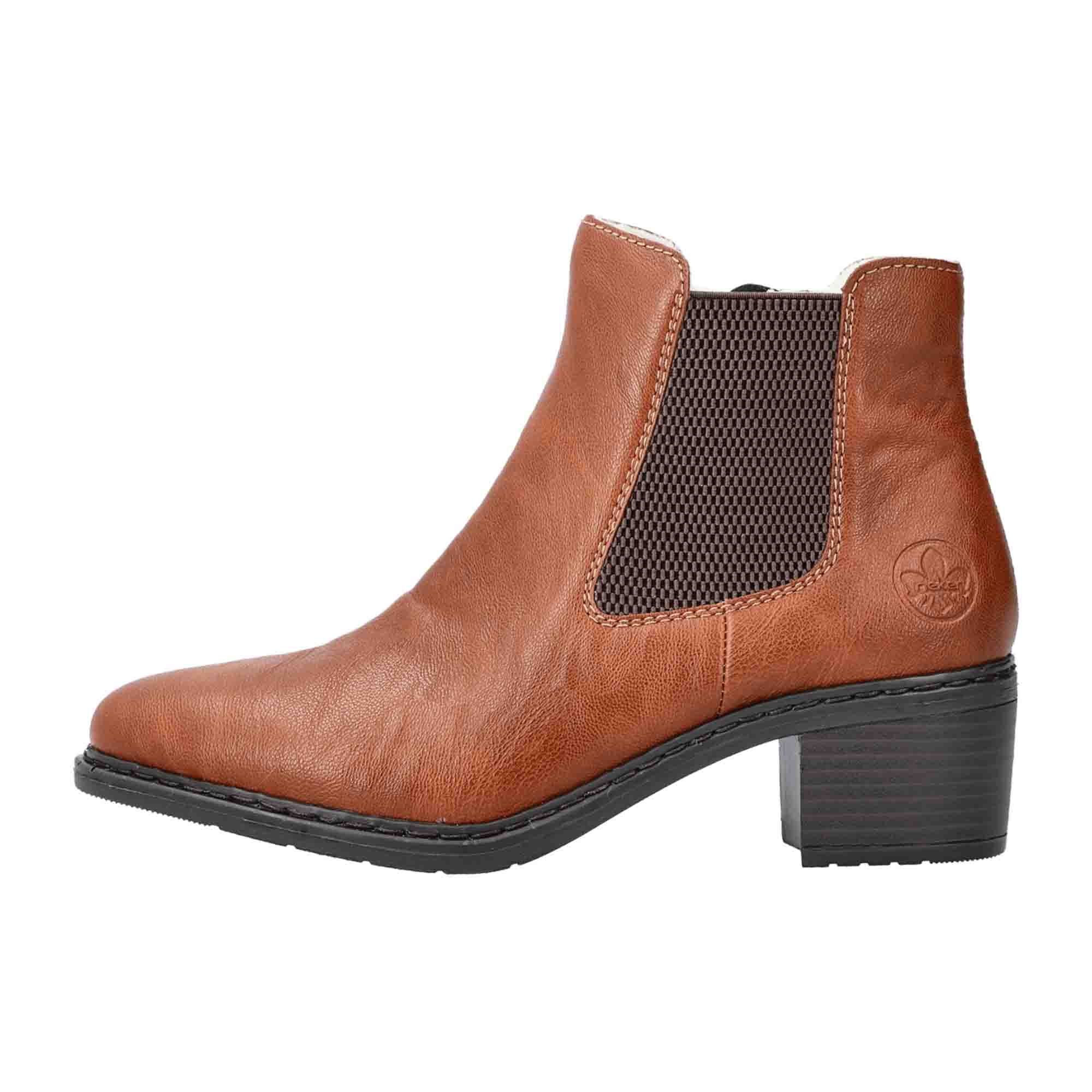 Rieker Women's Brown Chelsea Boots with Side Zipper and Block Heel
