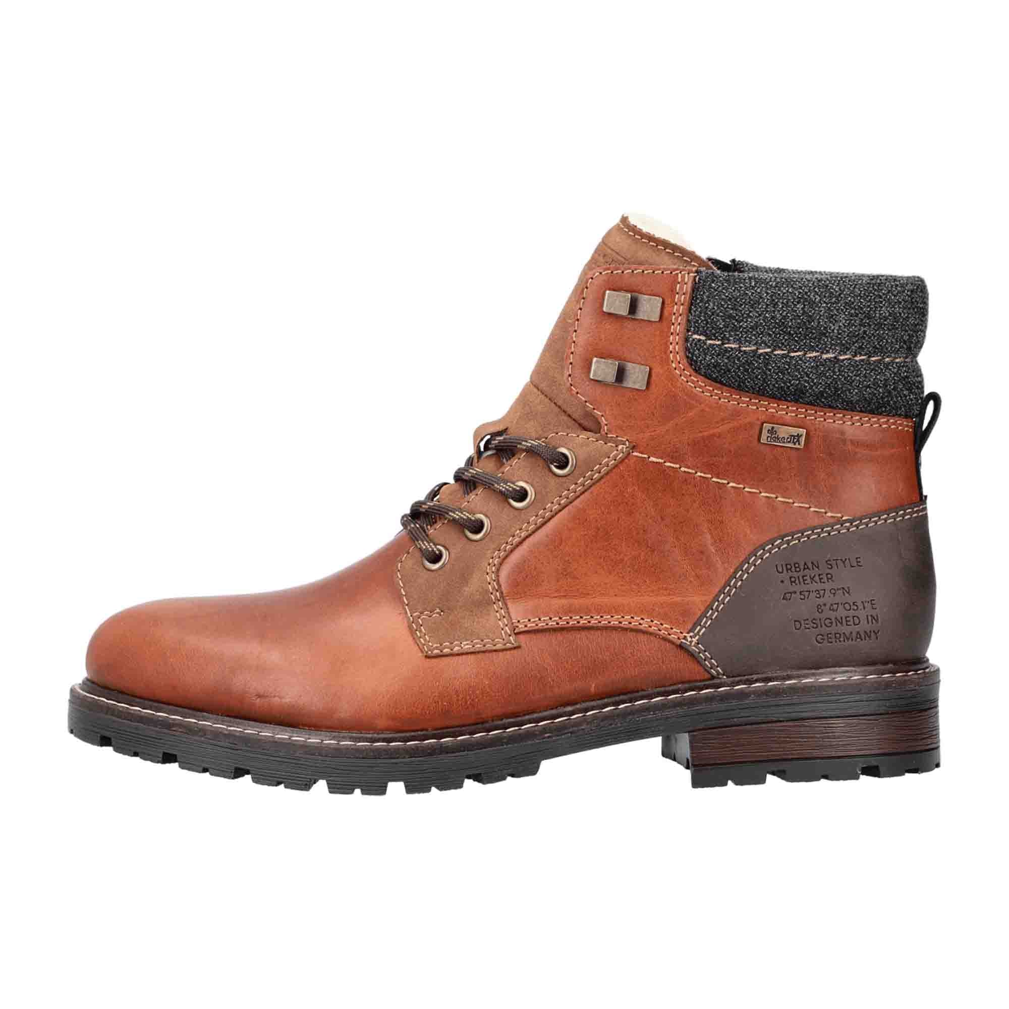 Rieker 32040-25 Men's Brown Leather Boots with Wool Lining and Rubber Sole