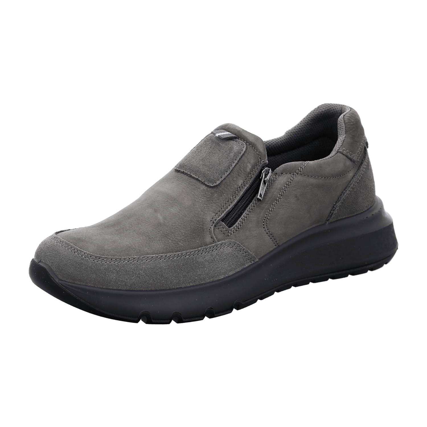 ARA Men's Smooth Leather Slip-On Loafers in Medium Gray with Zipper and Round Toe