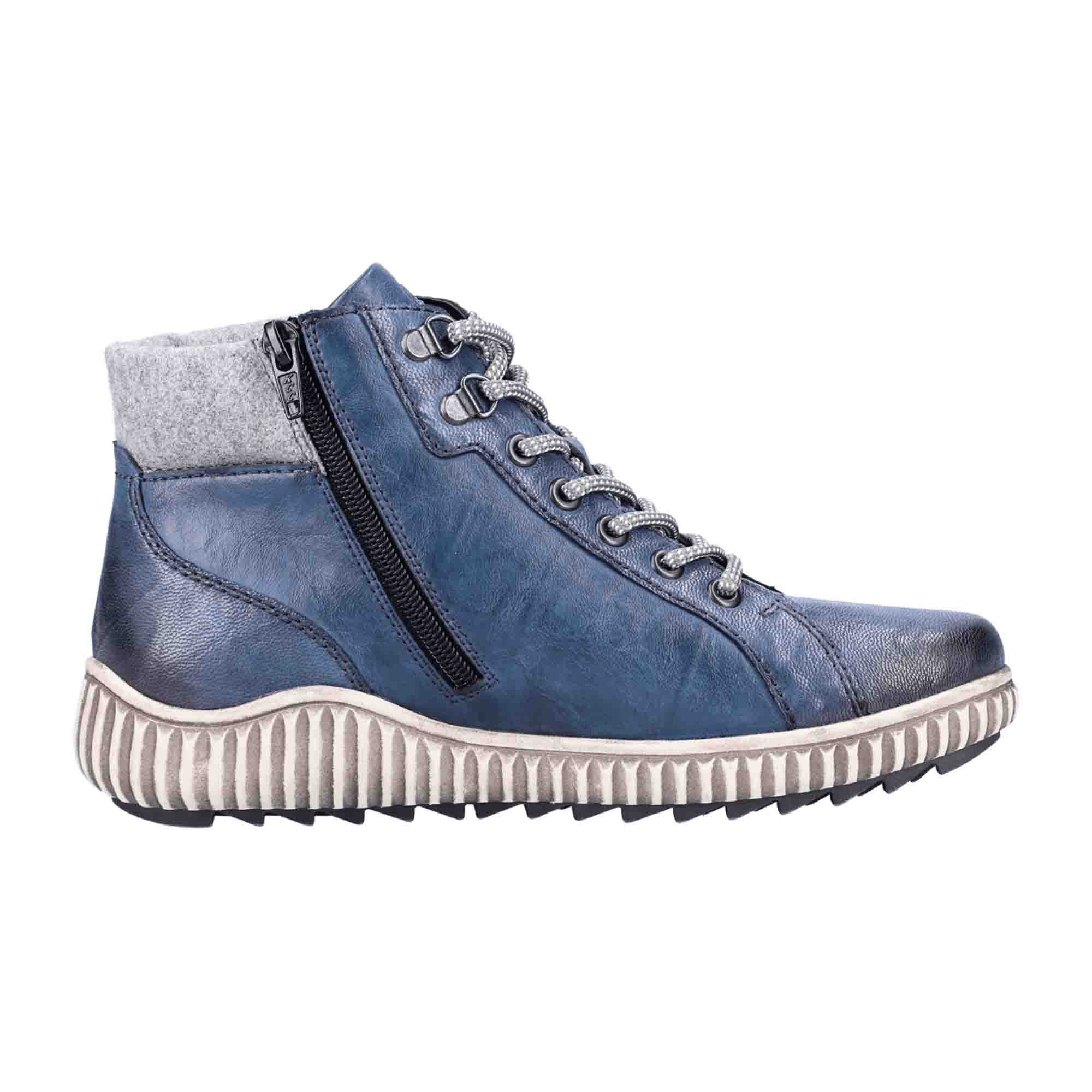 Remonte Women's Blue Leather Ankle Boots with Zipper and Laces