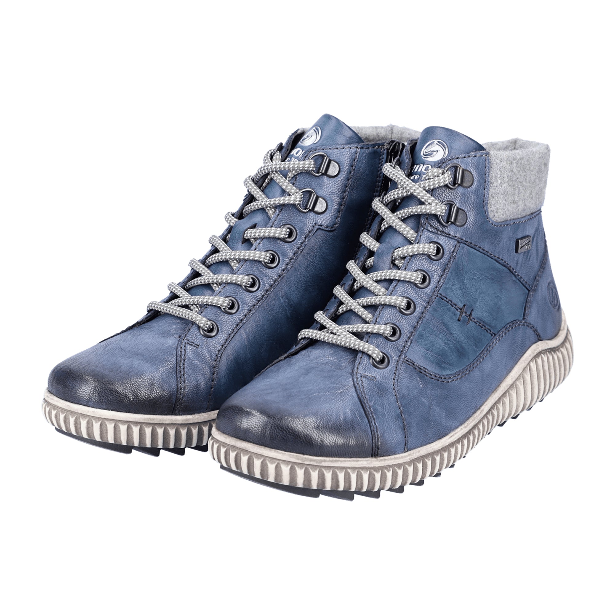 Remonte Women's Blue Leather Ankle Boots with Zipper and Laces