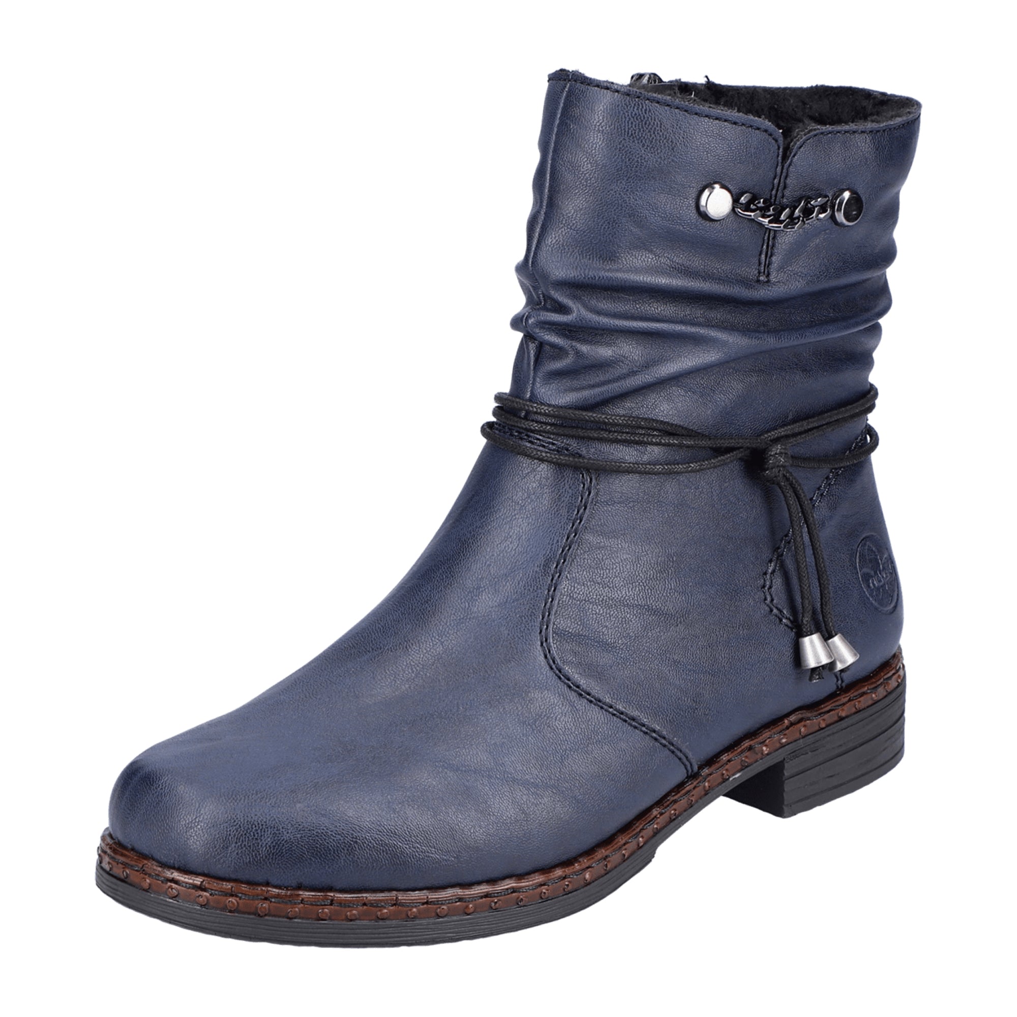 Rieker 75160-14 Women's Blue Ankle Boots with Zipper and Decorative Chains