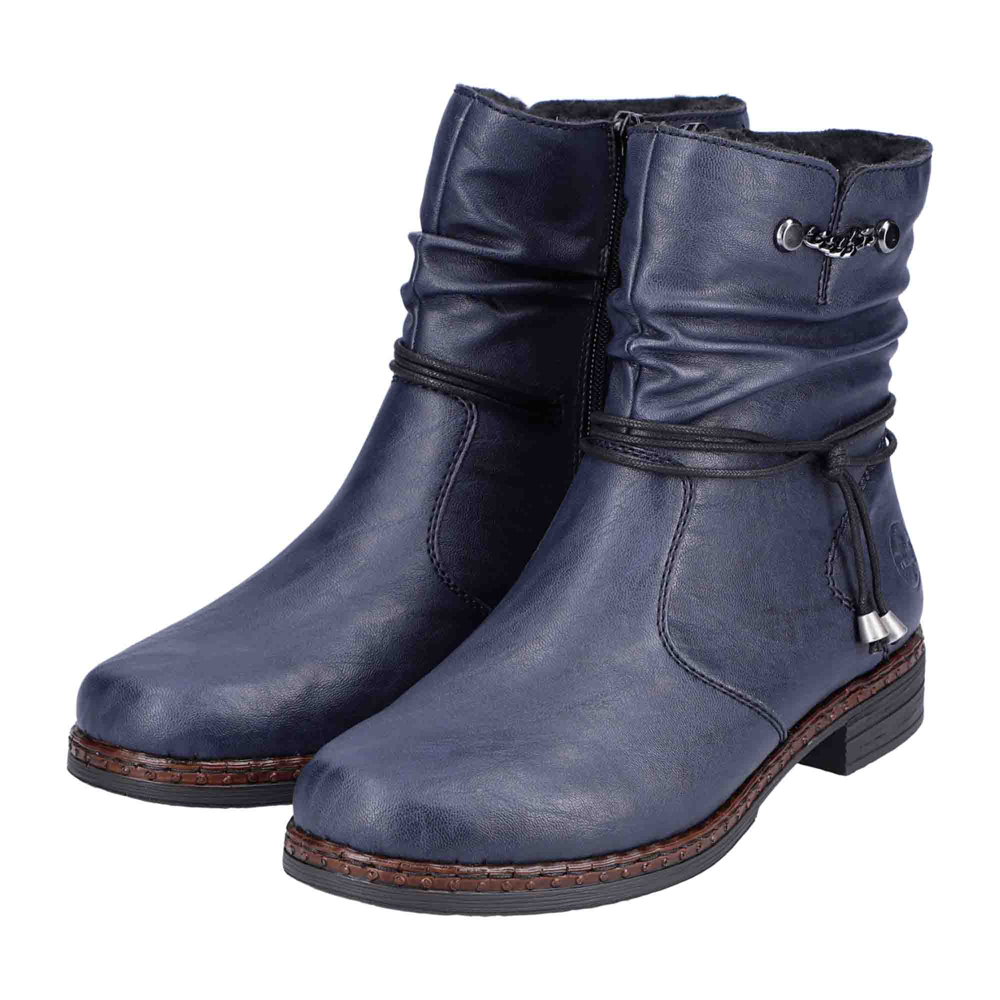 Rieker 75160-14 Women's Blue Ankle Boots with Zipper and Decorative Chains