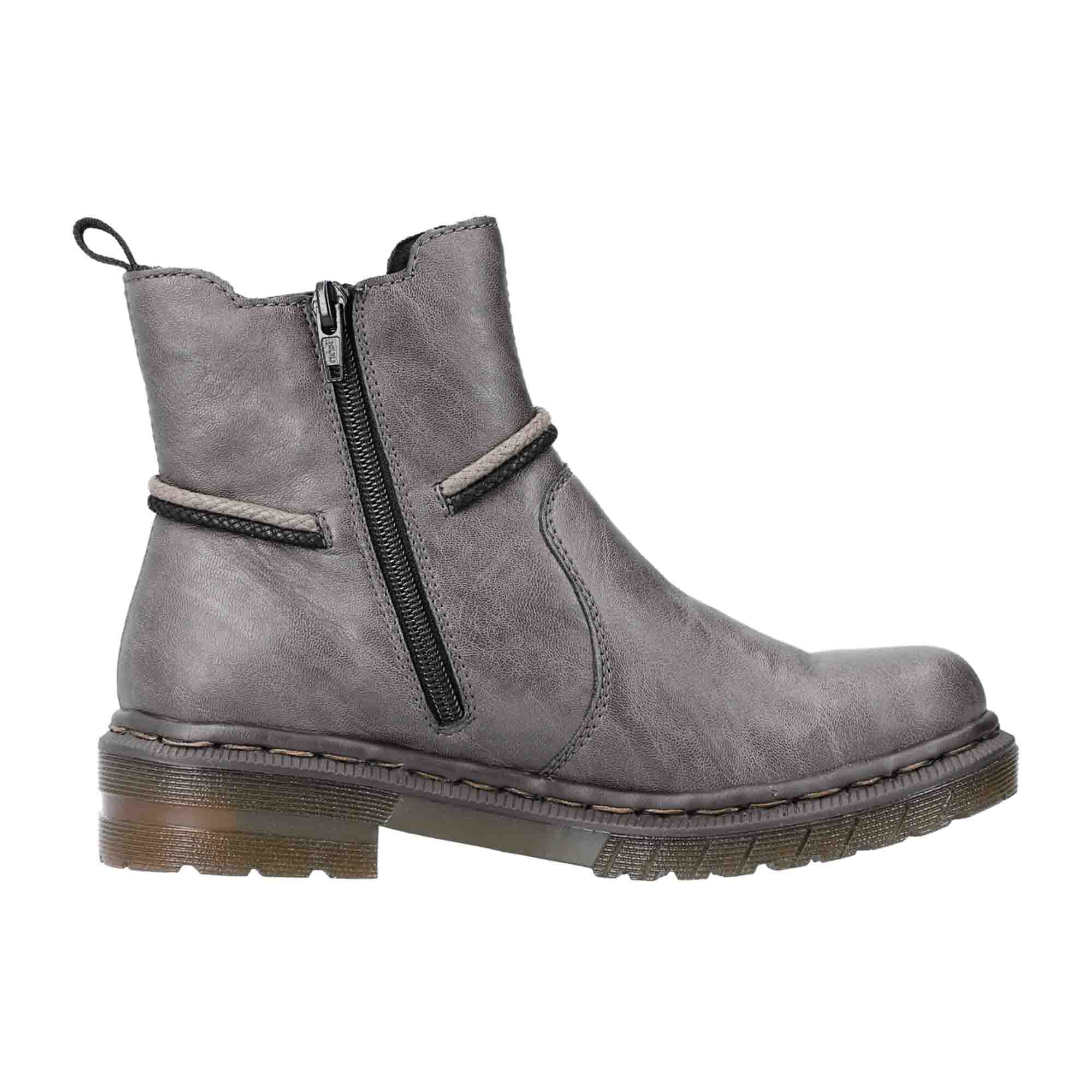 Rieker HWK Gray Women's Boots with Side Zipper and Decorative Bands