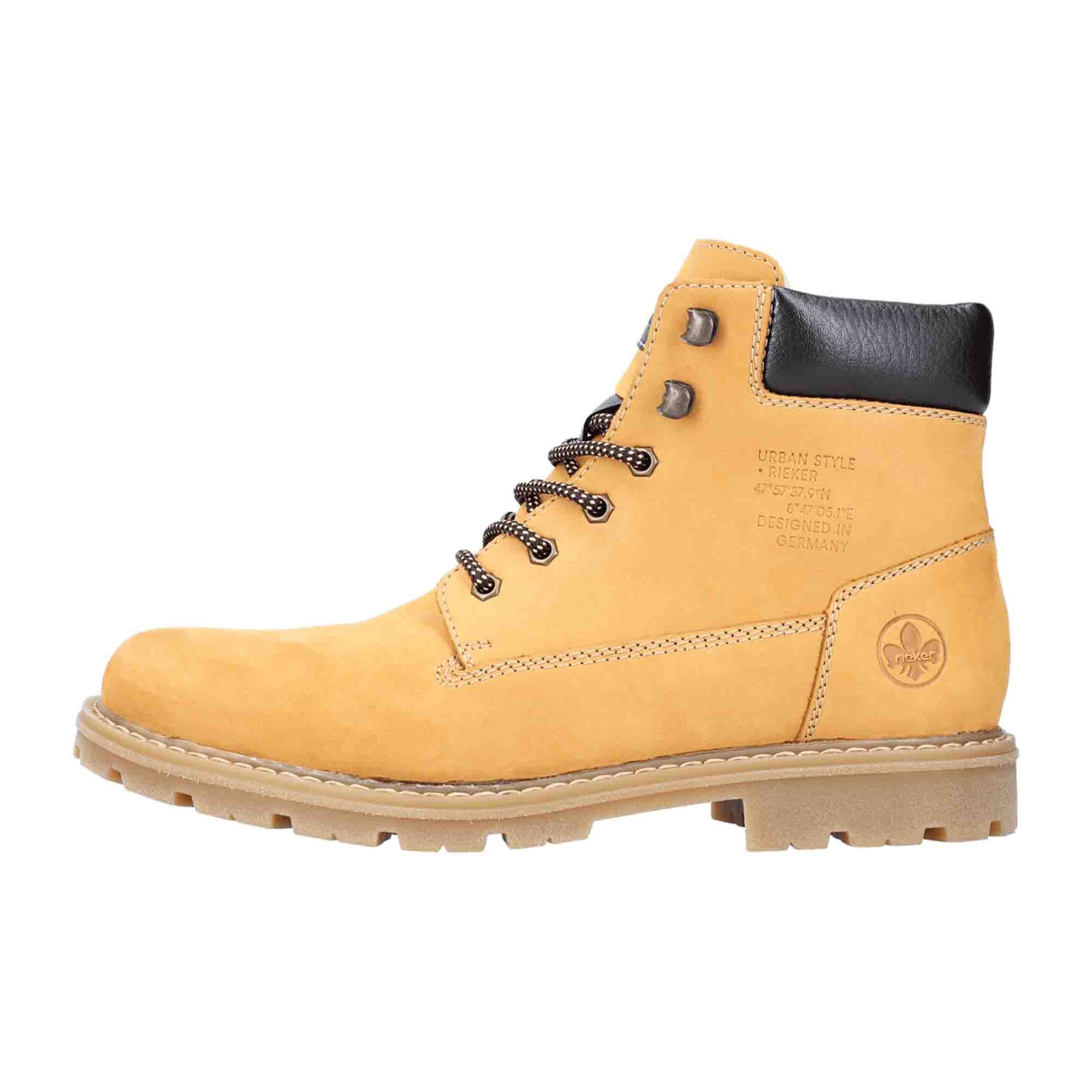 Rieker Men's Yellow Lace-Up Boots with Side Zipper and Wool Lining