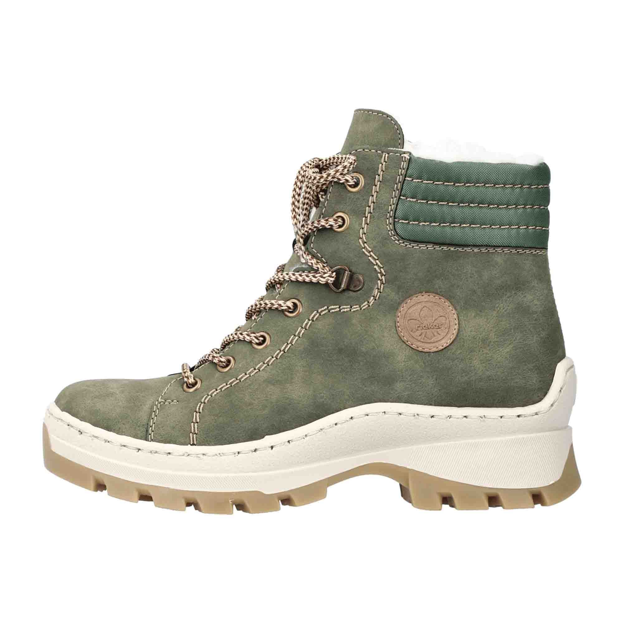 Rieker Women's Green Lace-Up Ankle Boots with Warm Lining for Fall Winter