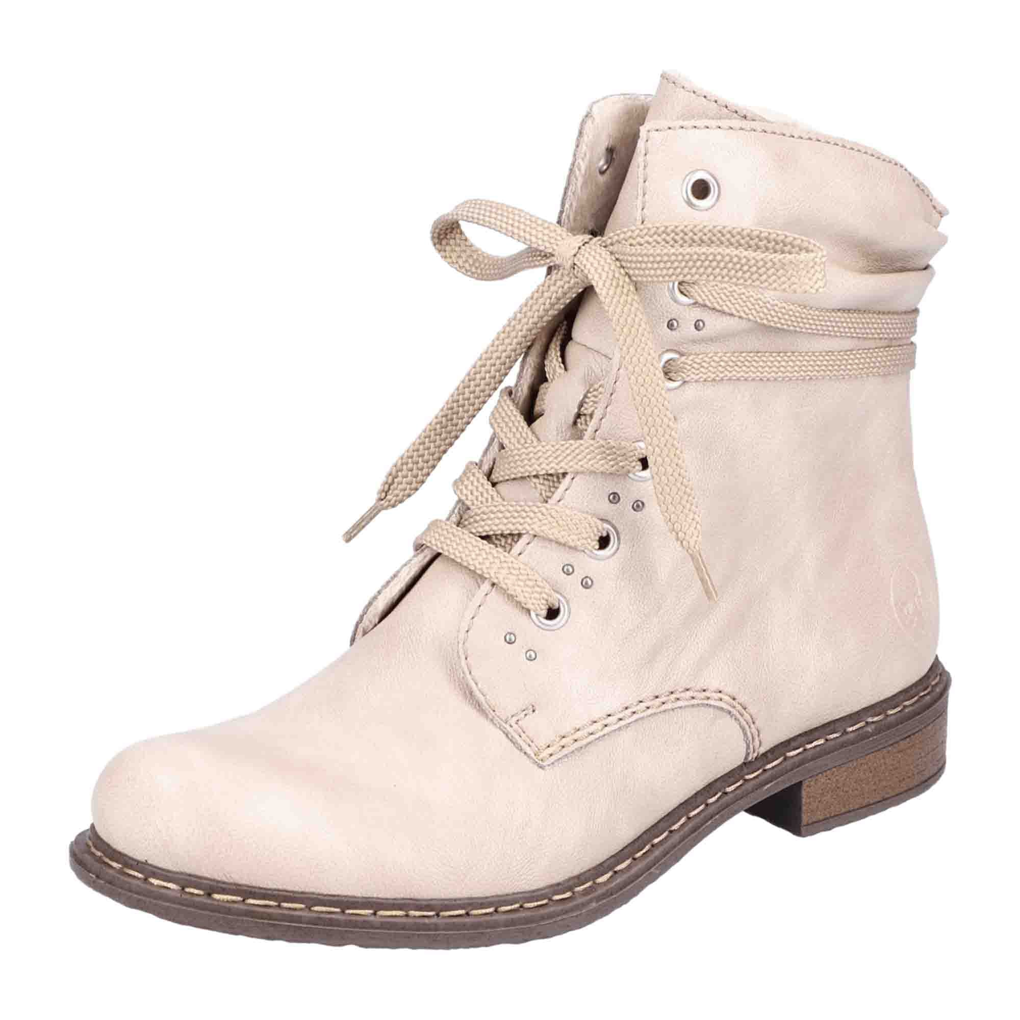 Rieker Beige Lace-Up Ankle Boots for Women with Warm Lining and Zip Closure