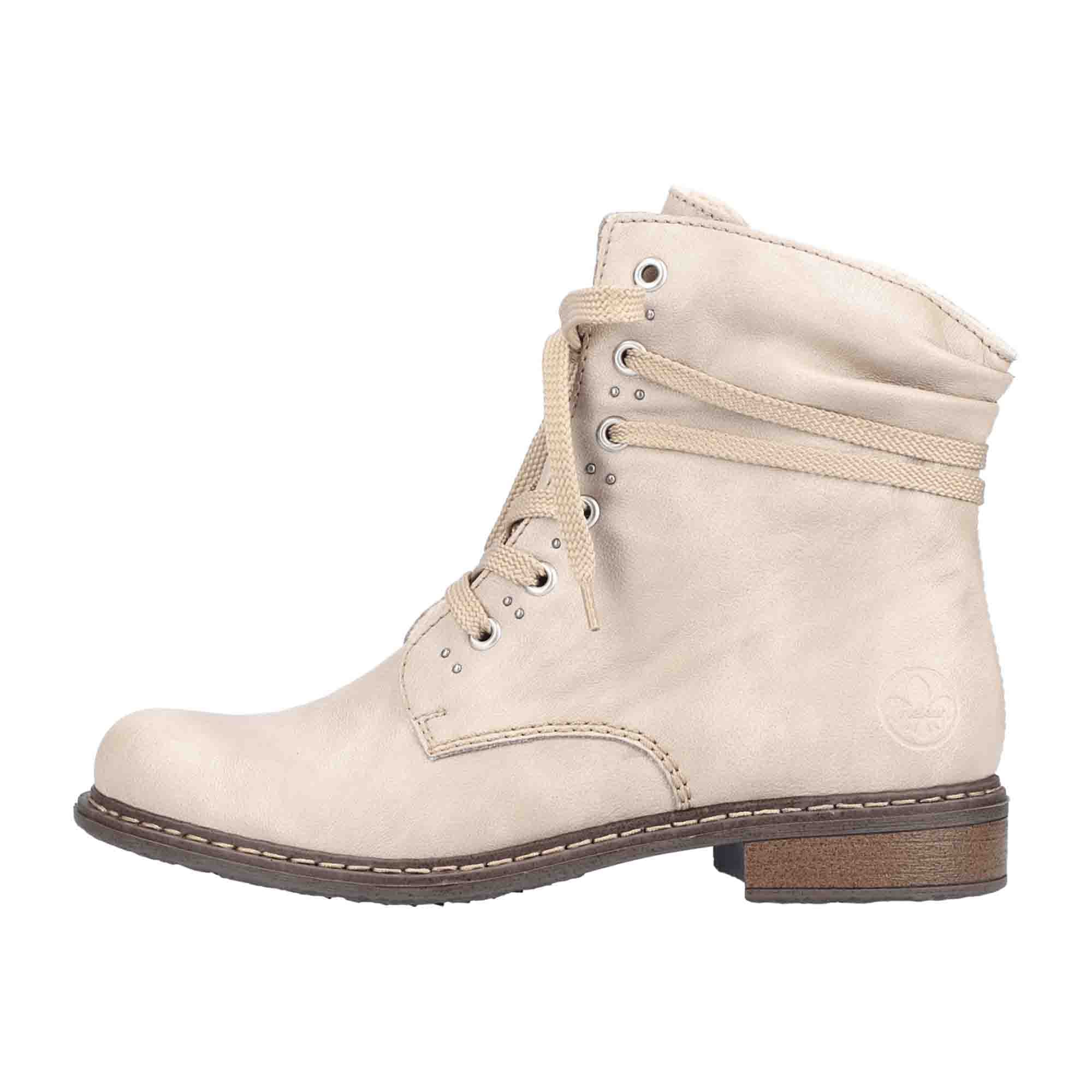 Rieker Beige Lace-Up Ankle Boots for Women with Warm Lining and Zip Closure